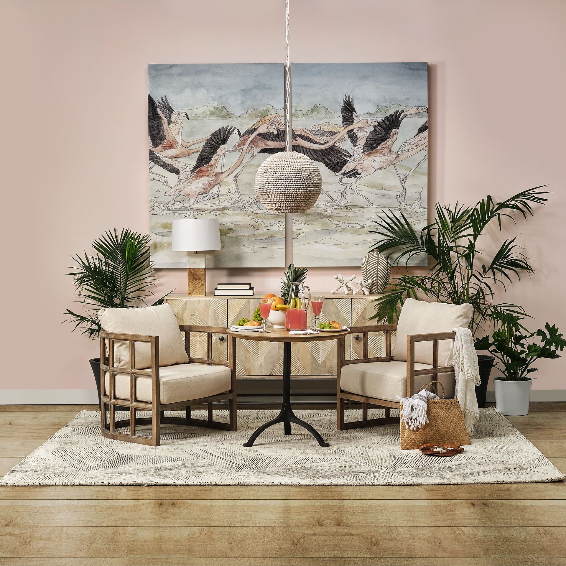 Lámpara colgante Theta con cuentas de madera lavada en blanco