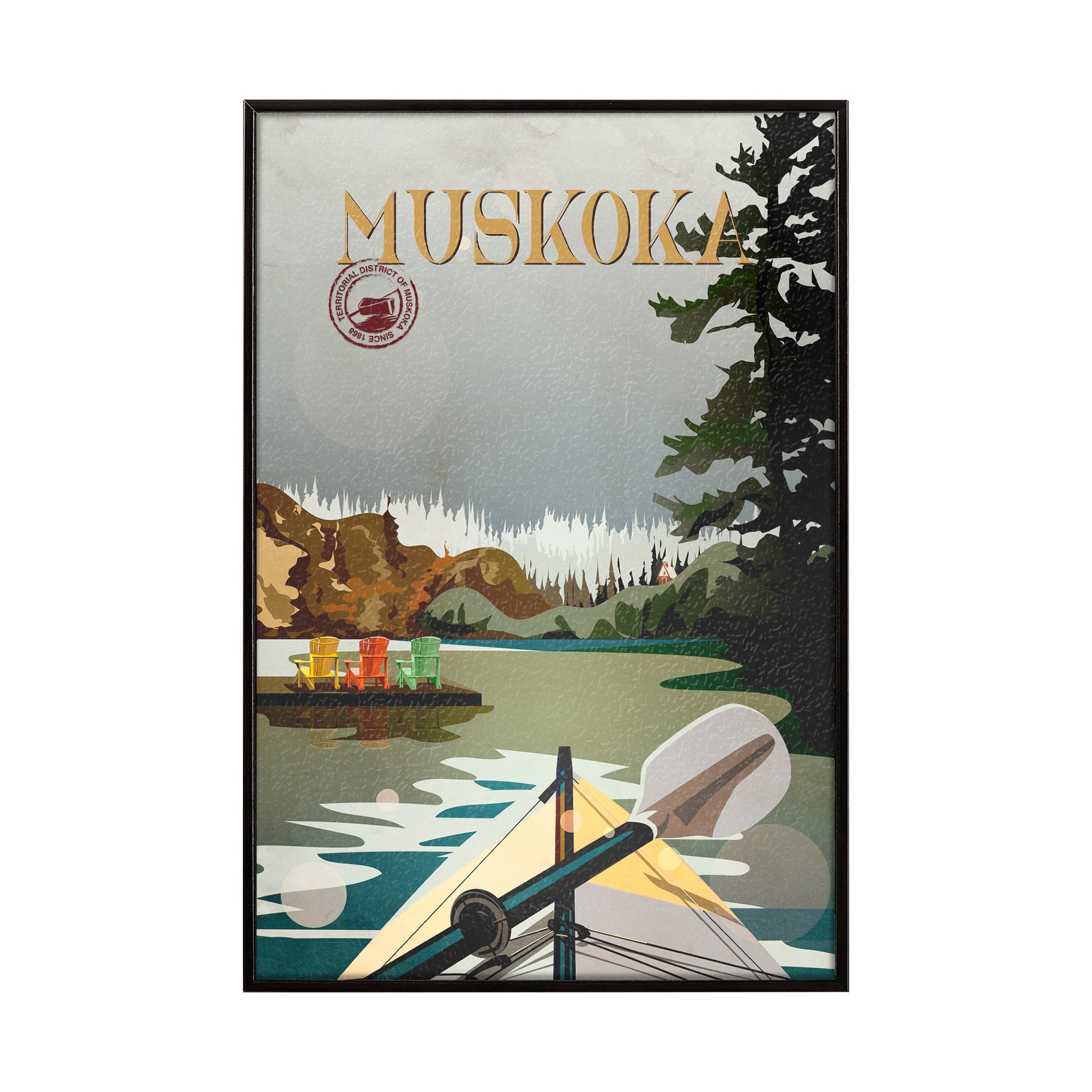 Framed artwork of a lakeside scene with chairs, a canoe, and trees, featuring the word 'Muskoka'.