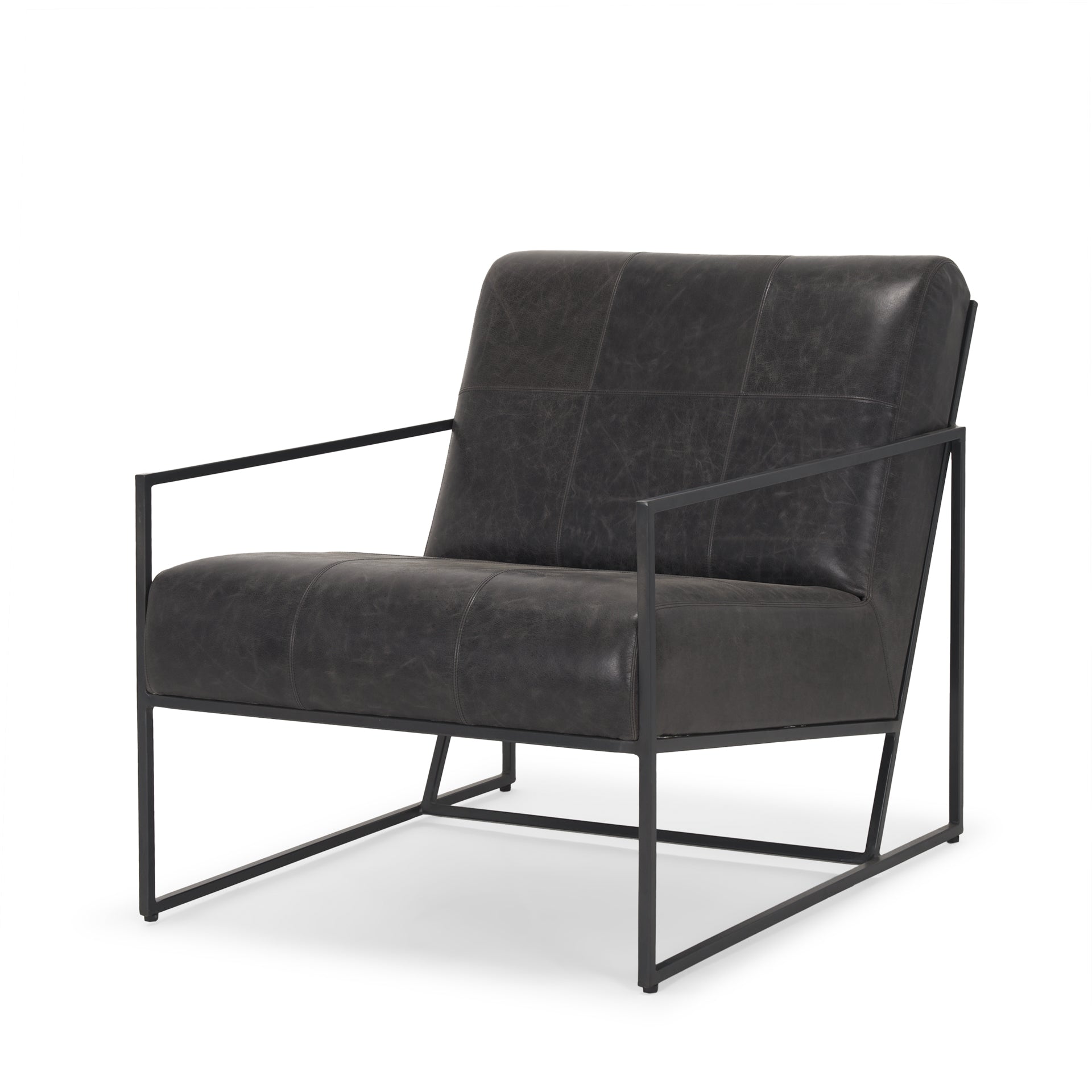 Silla Stratton Gunmetal con tapizado de cuero negro envejecido genuino