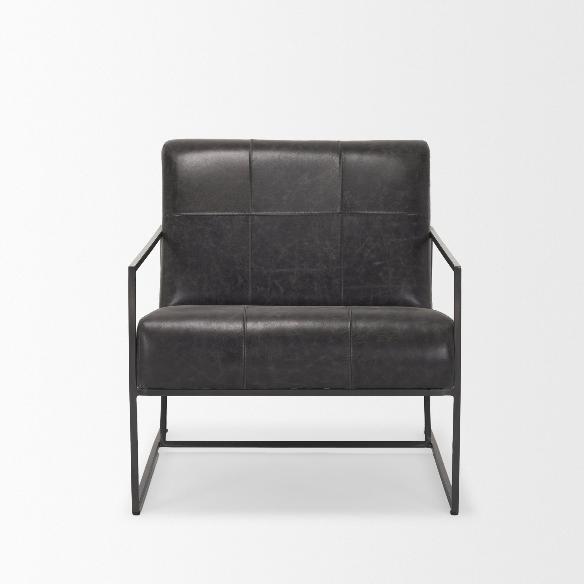 Silla Stratton Gunmetal con tapizado de cuero negro envejecido genuino
