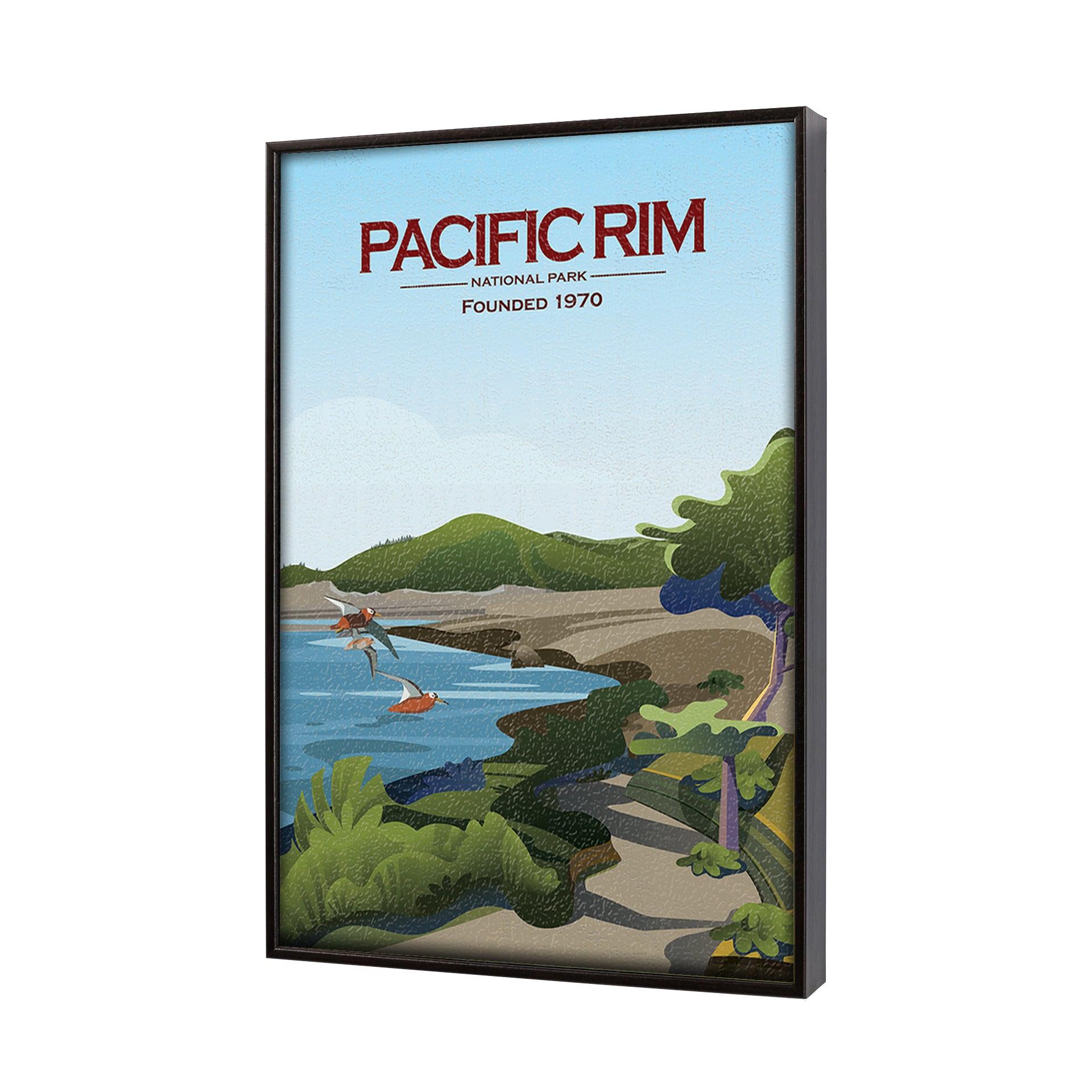 Illustration of a coastal scene with 'Pacific Rim National Park' text on a white background