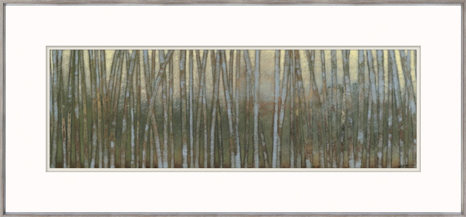 Birches At Sunset, a framed wall art featuring tall, slender birch trees in muted green and brown tones against a soft background.