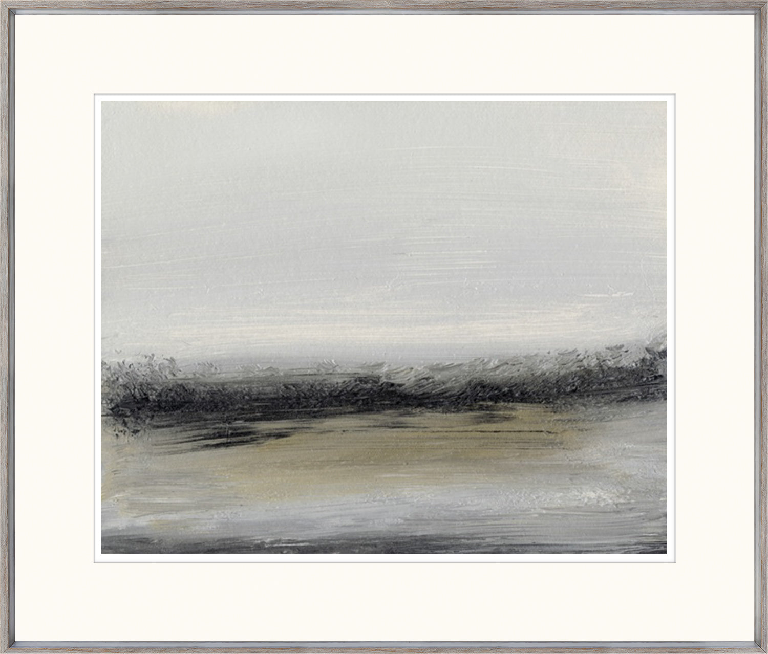 Water I wall art with a minimalist design in gray and beige tones, framed in wood