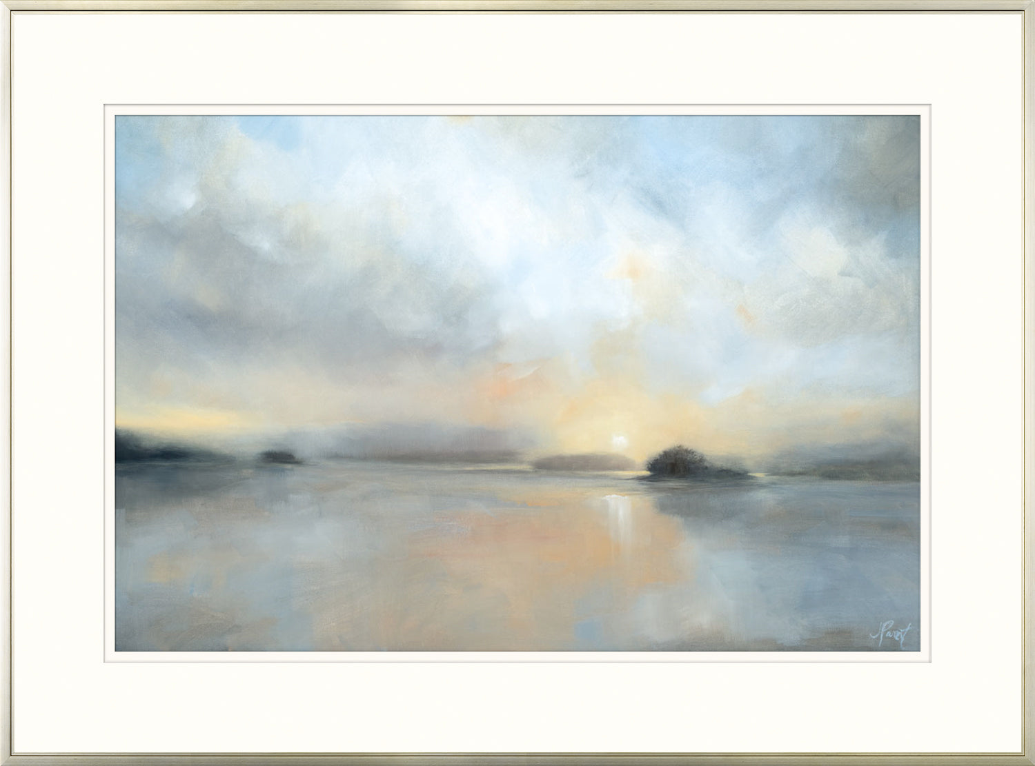 Water I wall art depicting a serene sunset over water in soft pastel colors