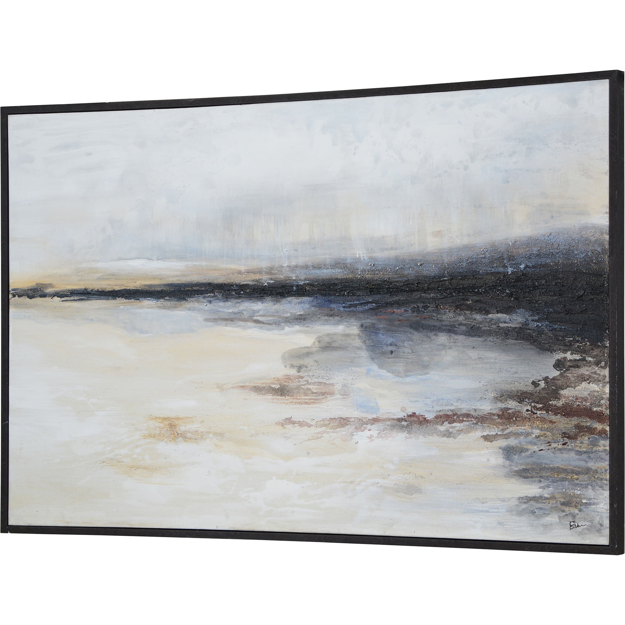 Warran canvas art featuring abstract landscape in soft beige, gray, and black tones