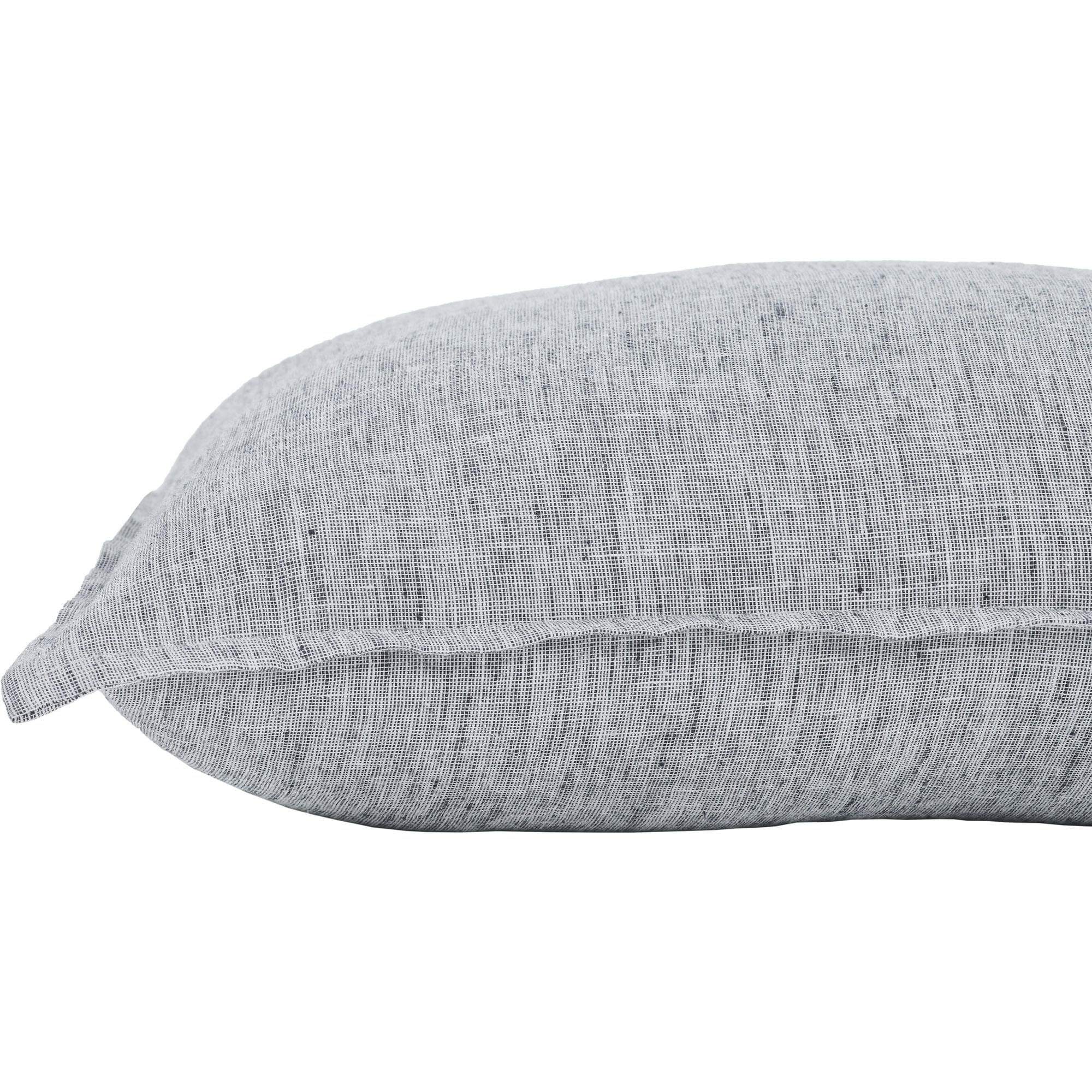 Falcon pillow in light gray linen fabric with a textured pattern and a subtle ruffled edge.
