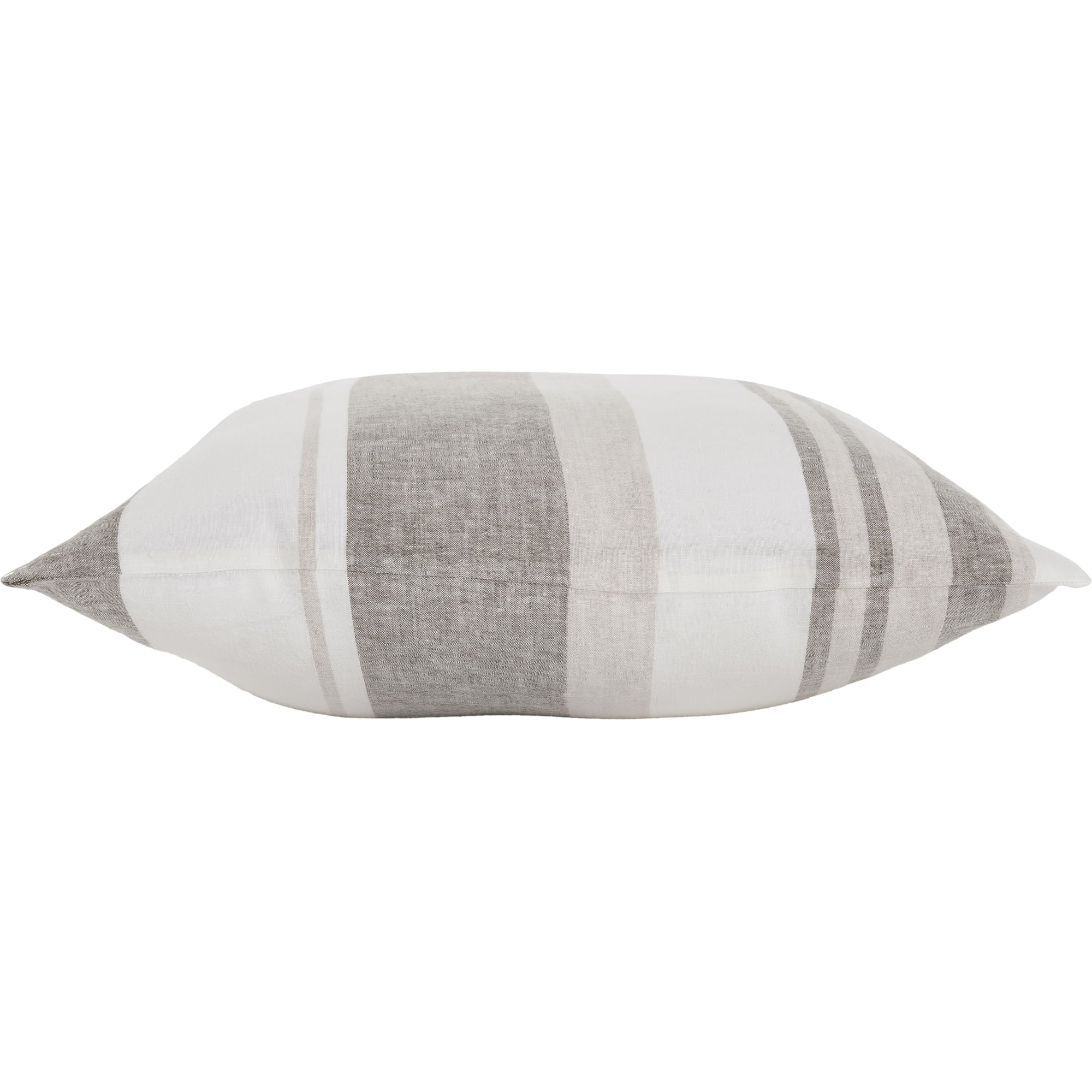 Cassidy pillow featuring a striped pattern in gray and white, made of soft fabric, viewed from the side.