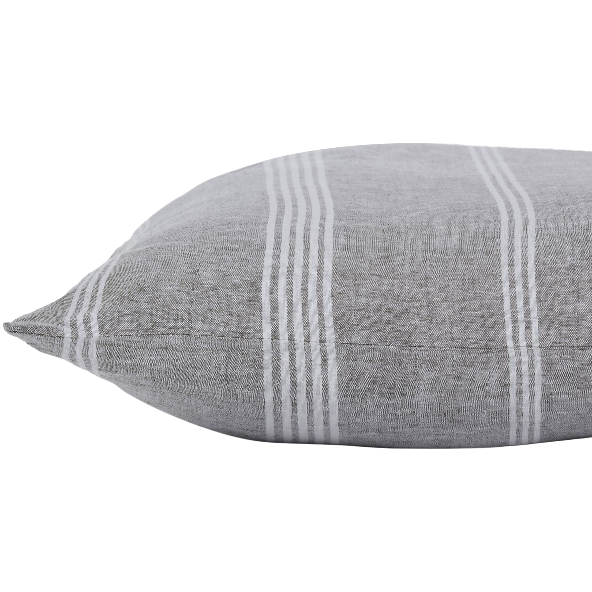 Damari pillow in light gray fabric with white stripes, showcasing a textured surface and a side view.