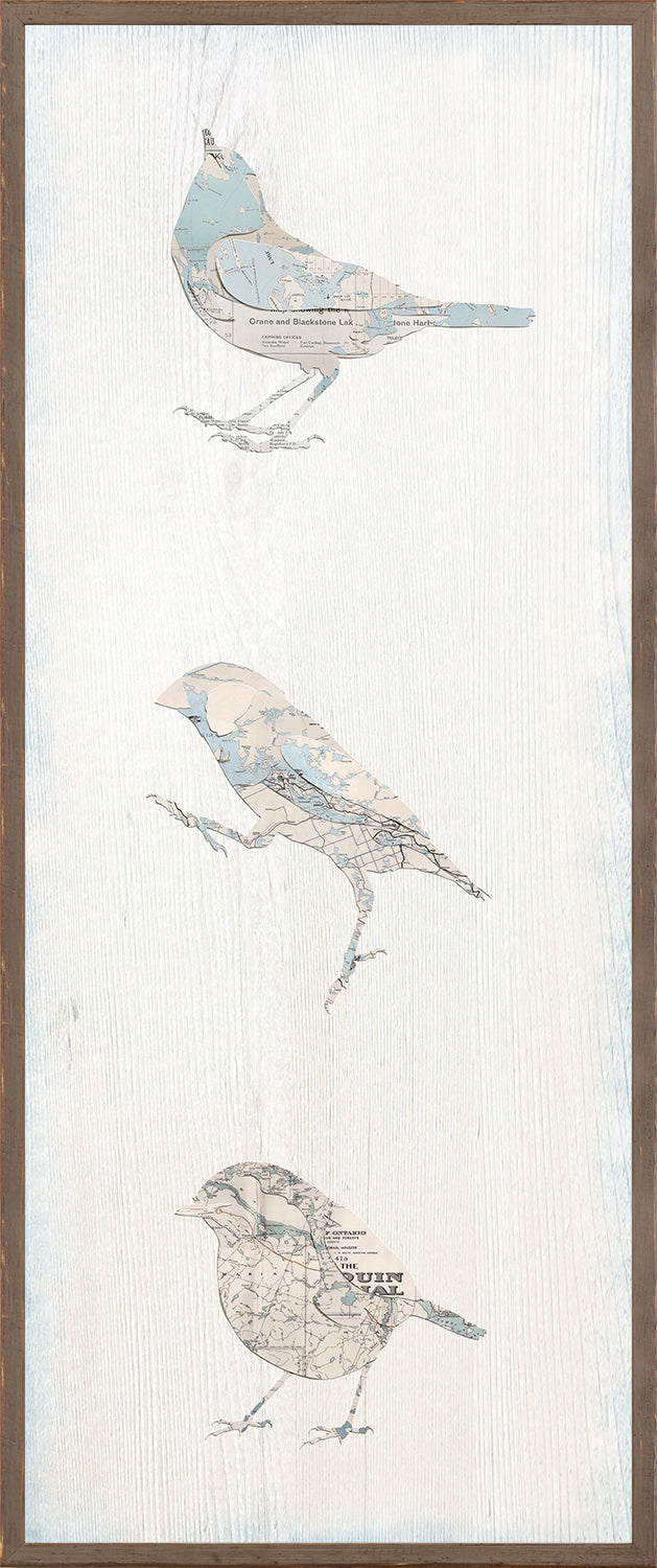 Vintage Map – Bird Panel II featuring three birds made from map patterns on a white wood background.