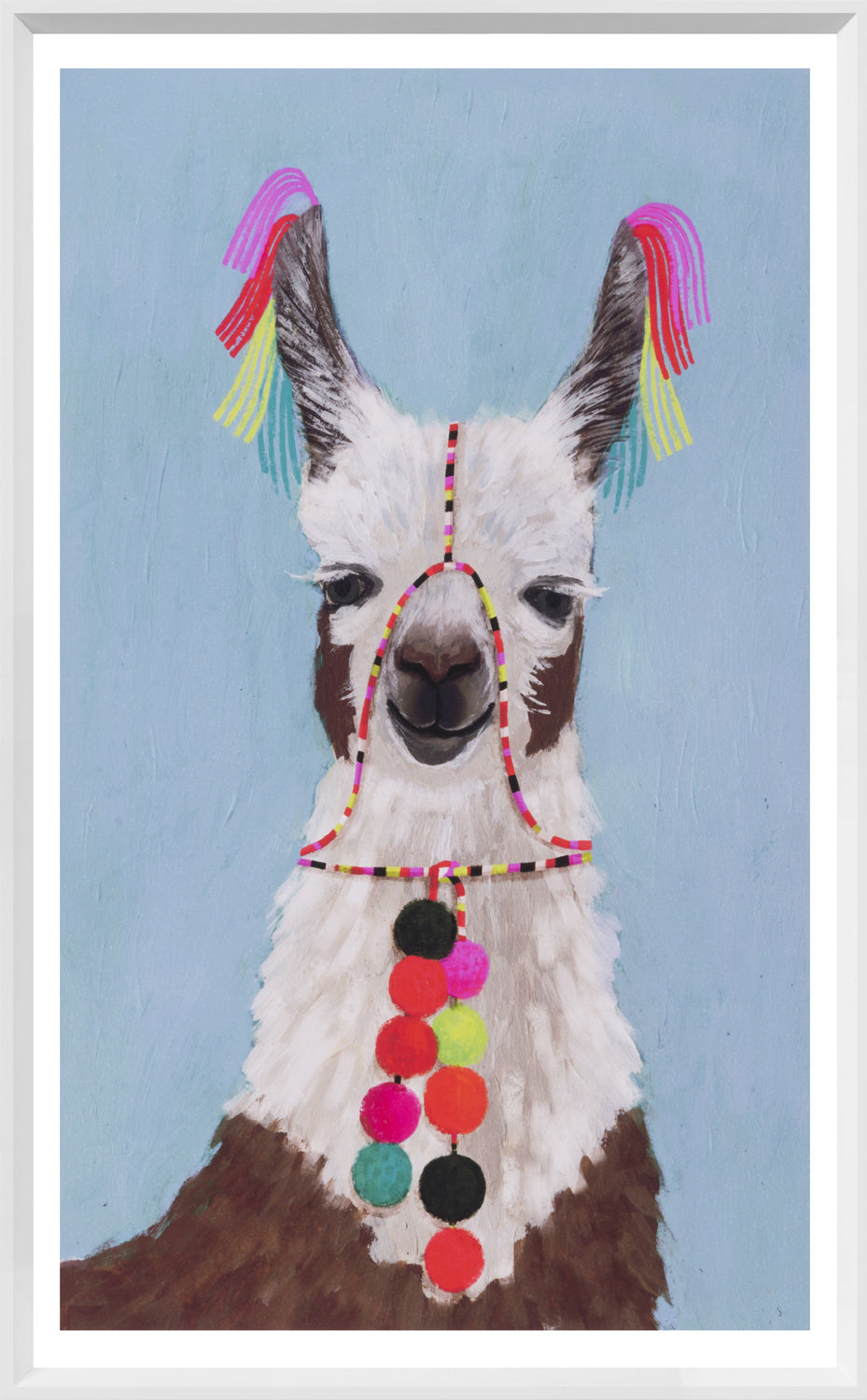 Adorned Llama I wall art featuring a llama with colorful decorations on a light blue background