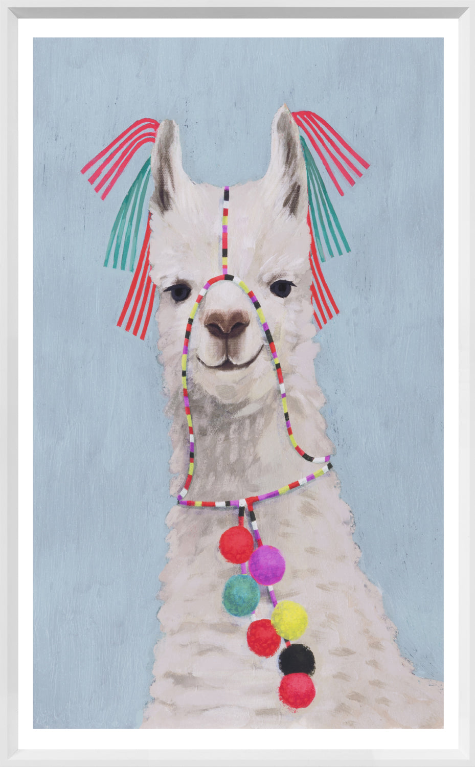 Adorned Llama II wall art featuring a llama with colorful ribbons and pom-poms on a blue background.