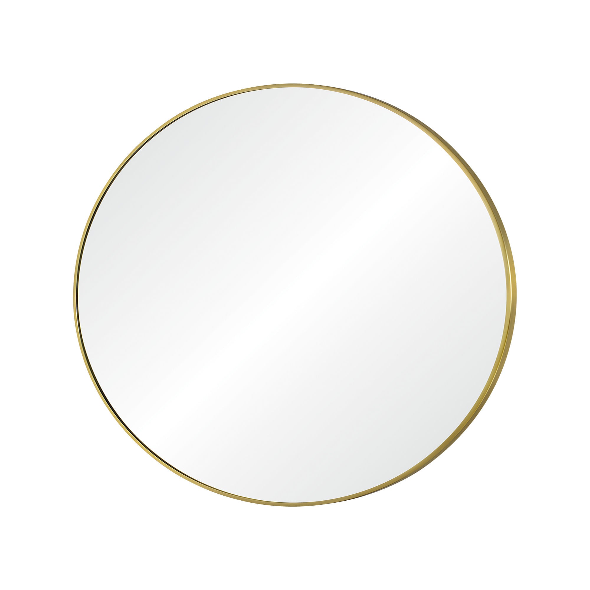 Grady mirror with a round shape and a sleek gold frame, reflecting light.