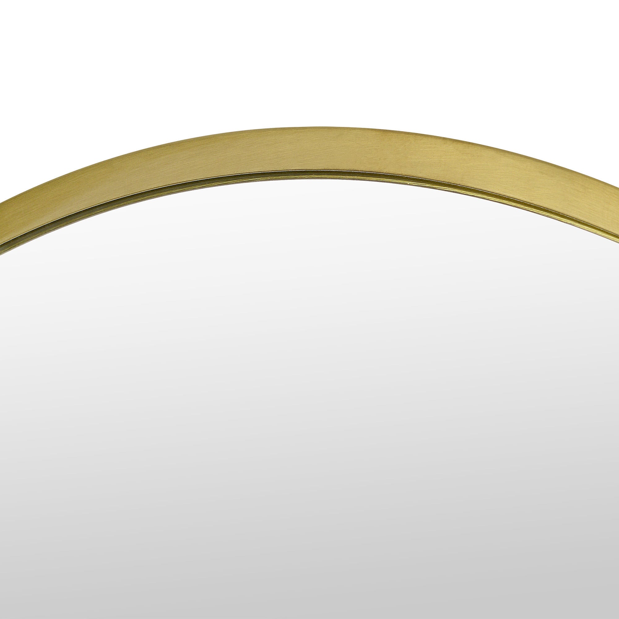 Close-up of Grady mirror showcasing the brushed gold frame and smooth surface.