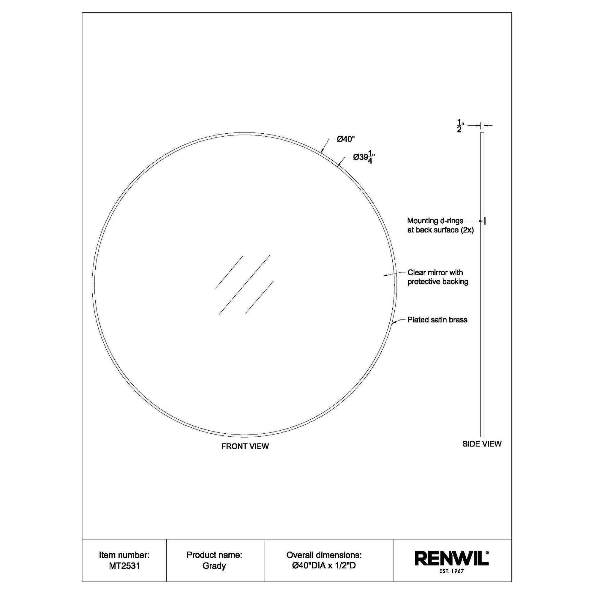 Technical drawing of Grady mirror with dimensions and mounting details.