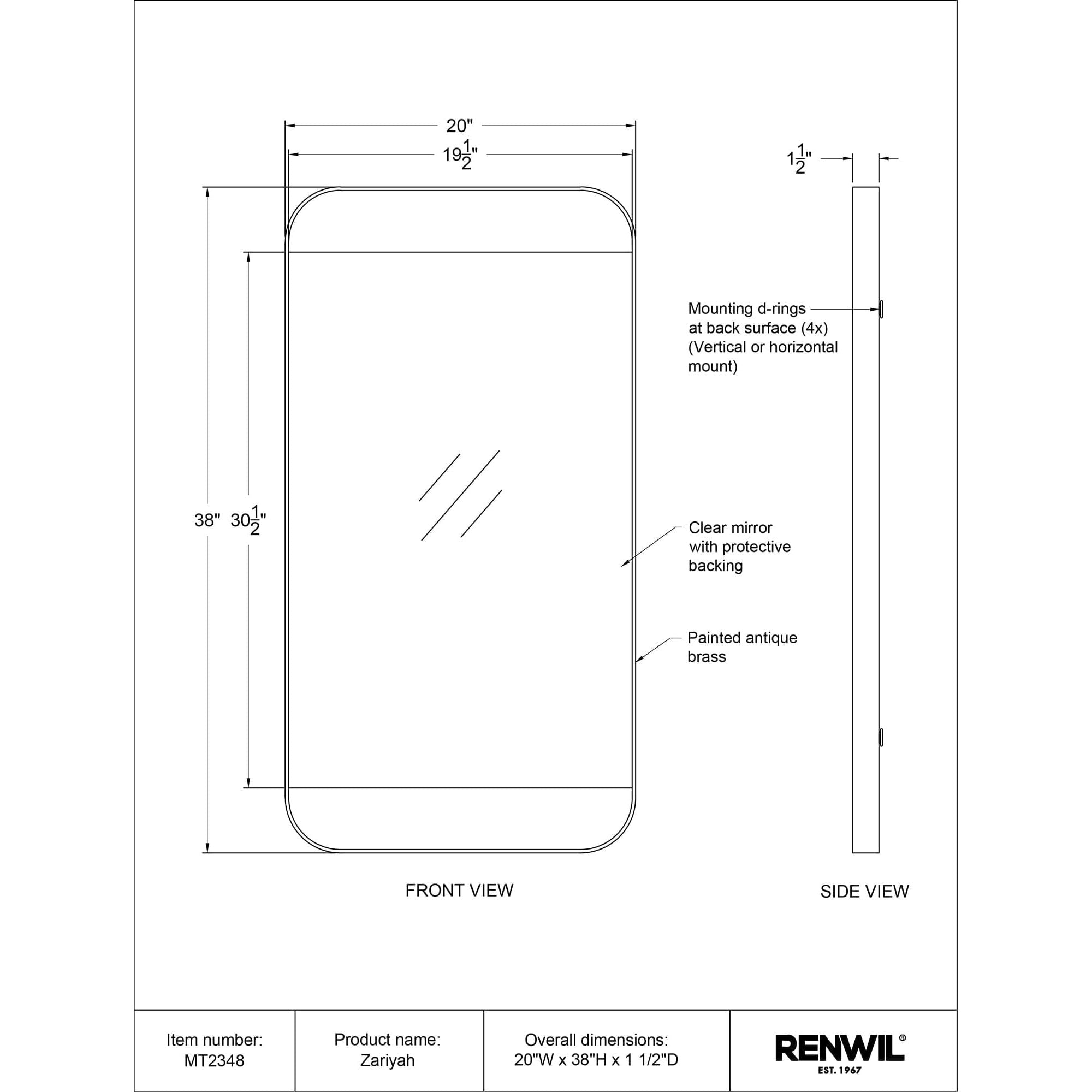Diagram of Zariyah mirror showing front and side views with dimensions.