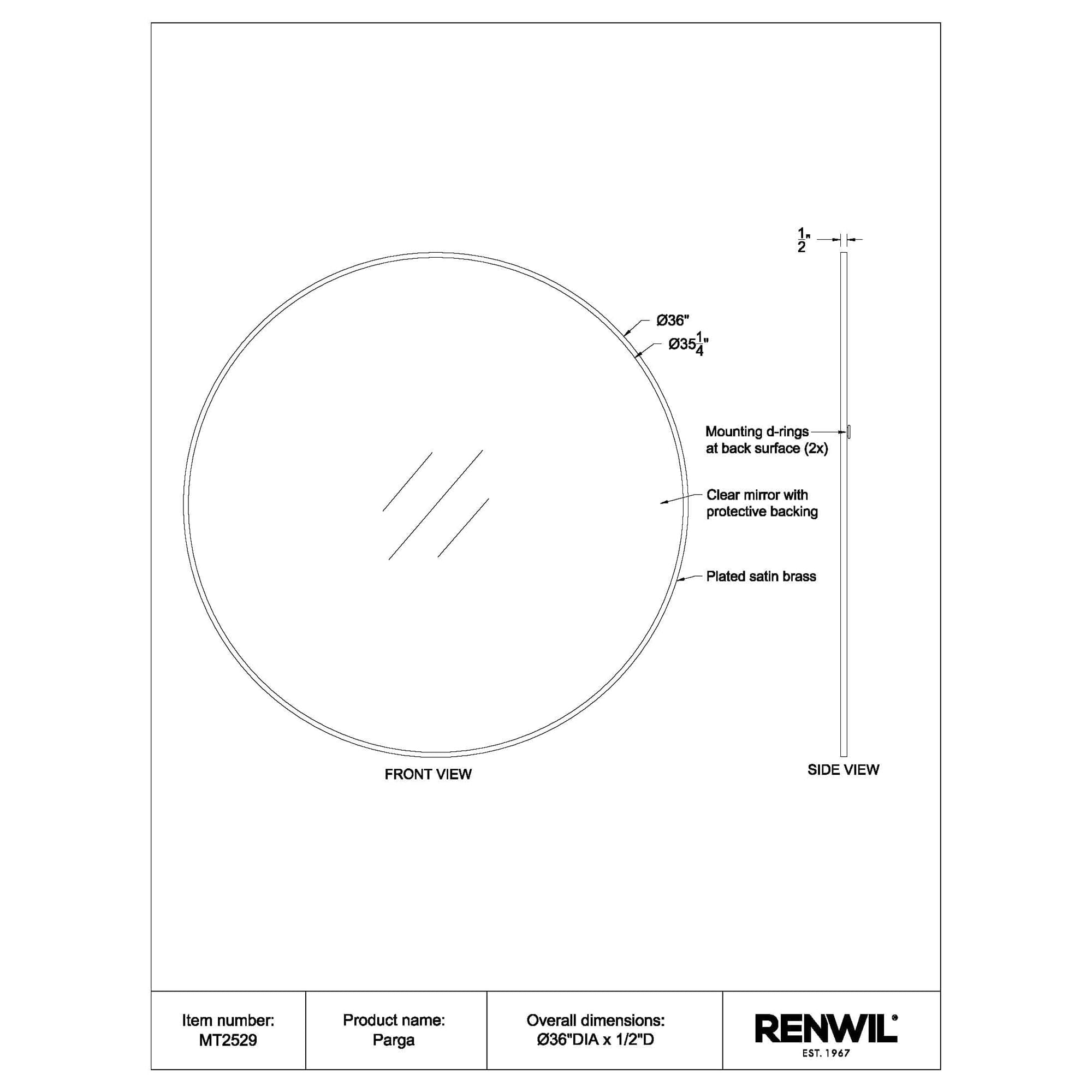 Parga mirror by Renwil, technical drawing with front and side views, detailing features.