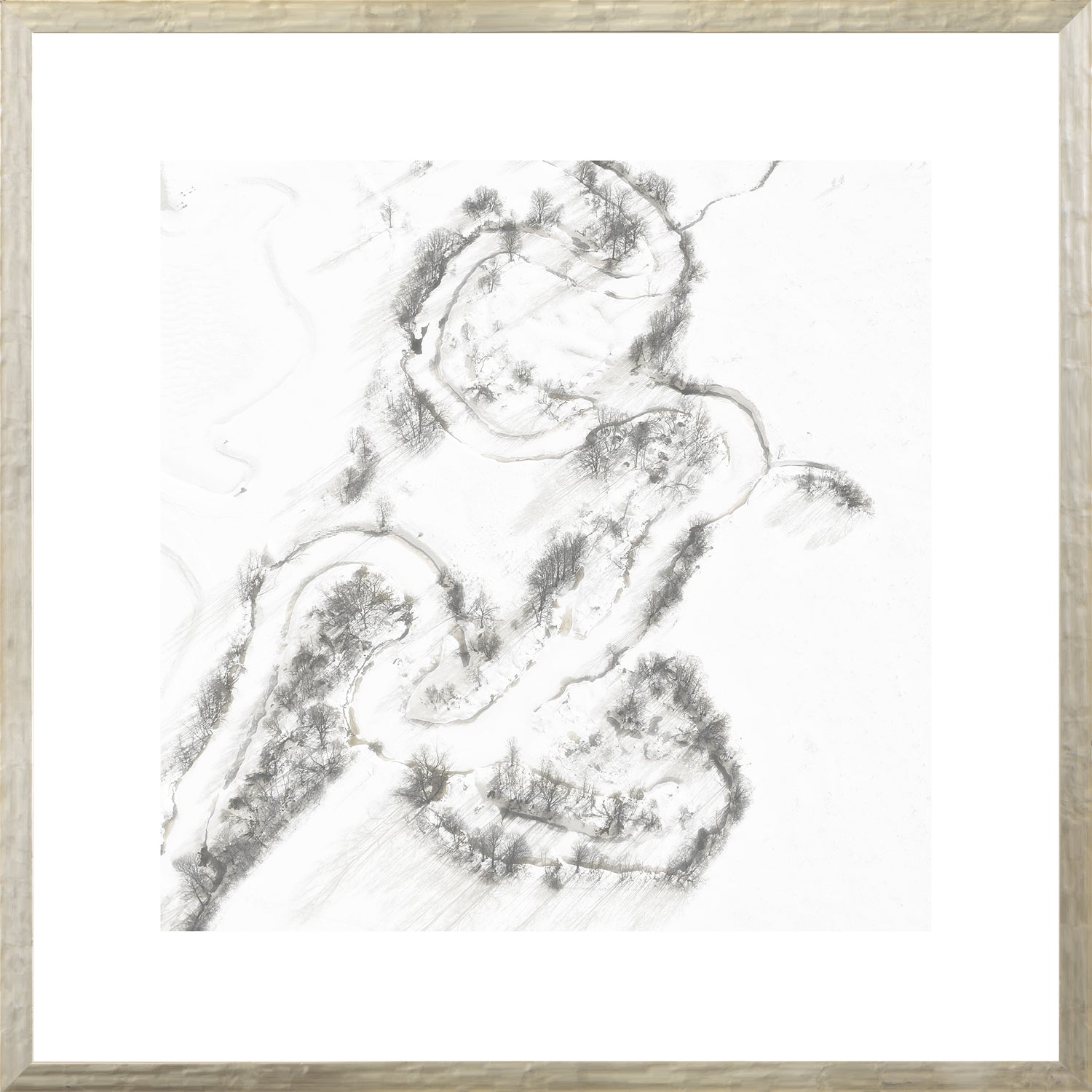Aerial – Rural View IV wall art featuring a monochromatic landscape with winding paths and trees.