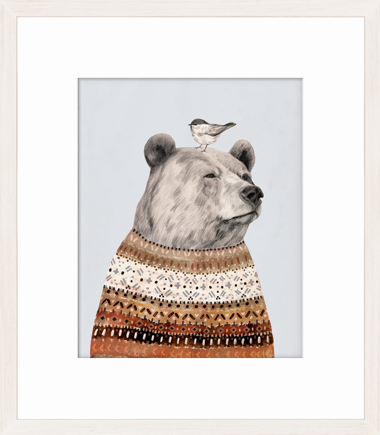 Fair Isle Bear I wall art featuring a bear with a bird on its head, intricate patterned sweater, soft colors.