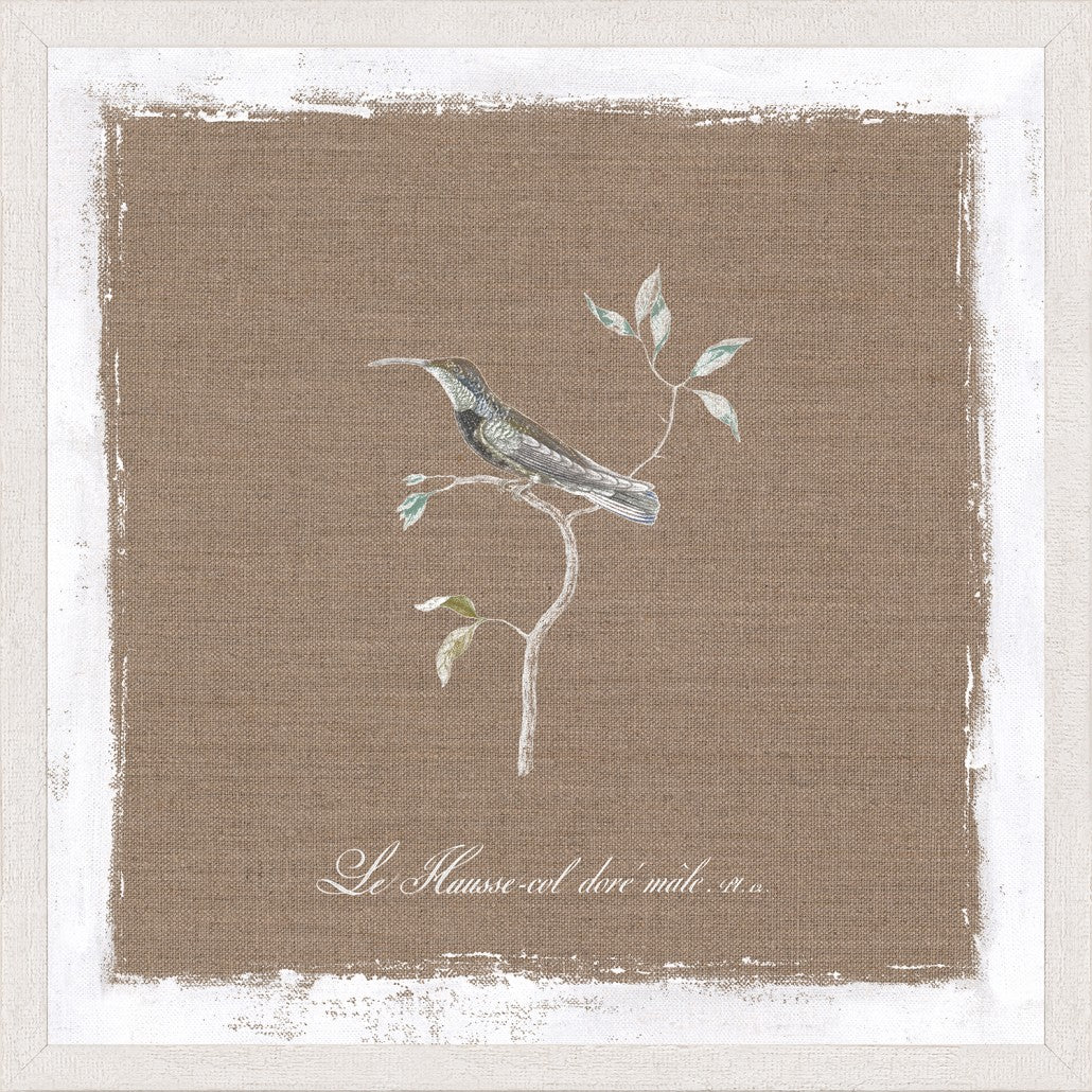 Oiseau Sur Lin I wall art featuring a bird perched on a branch against a textured brown background.