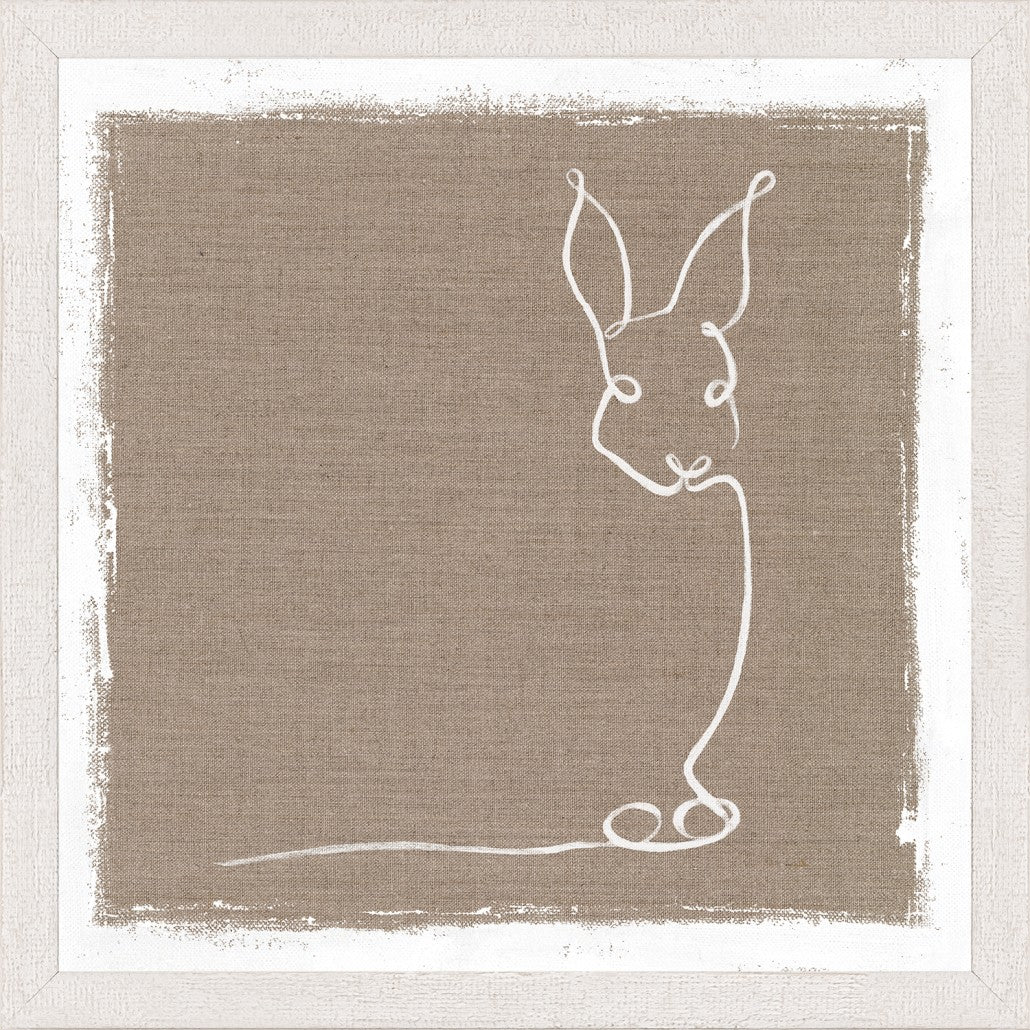 Cottage – One Line Rabbit wall art featuring a white line drawing of a rabbit on a beige background.