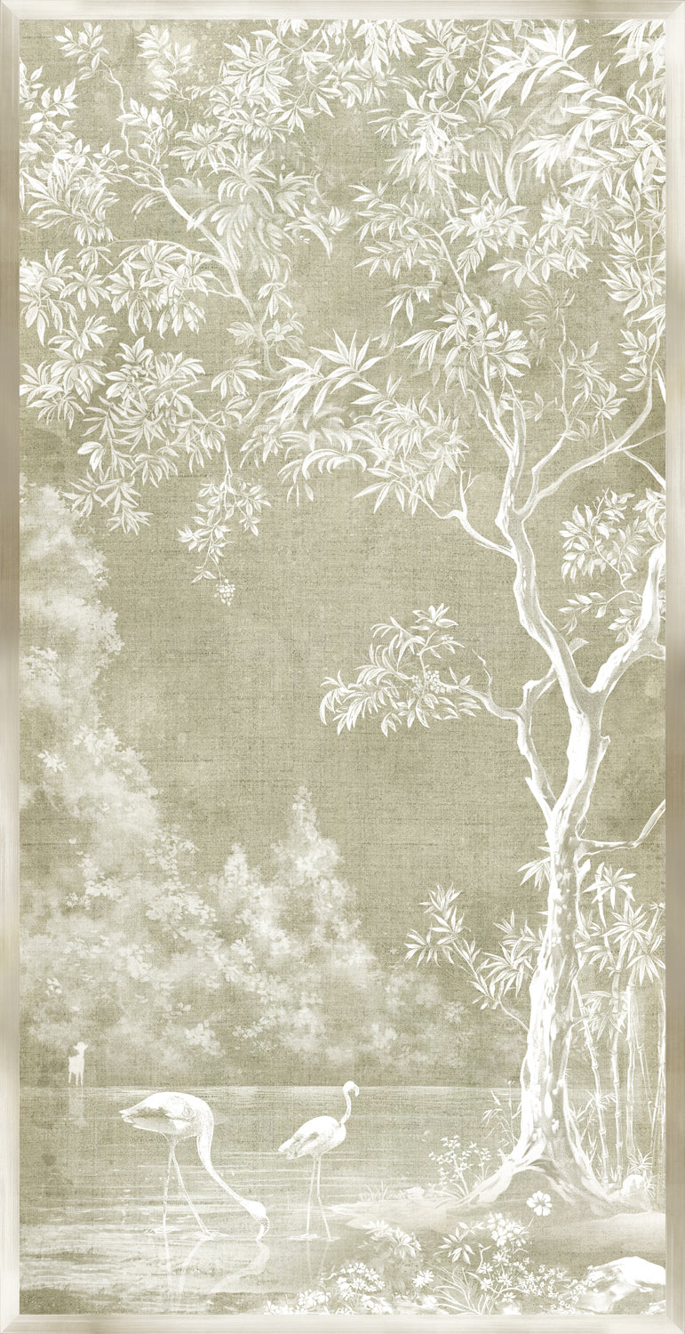 Flamingo Sanctuary I wall art featuring white flamingos and lush greenery on a soft beige background