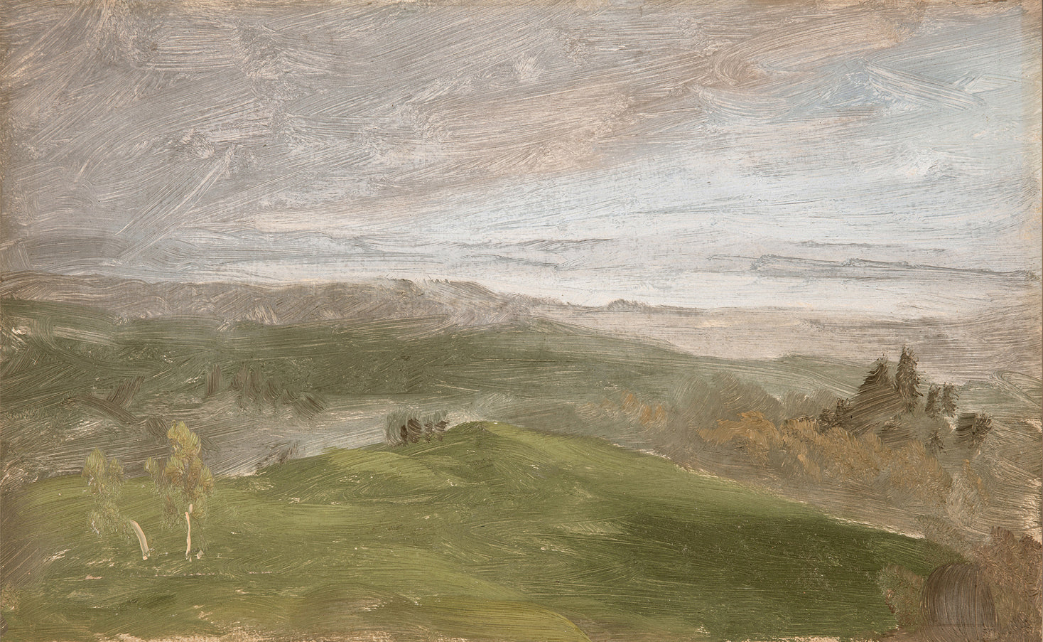 Hudson River School – Summer View, Hudson Valley C. 1870, featuring rolling green hills, soft clouds, and distant mountains.