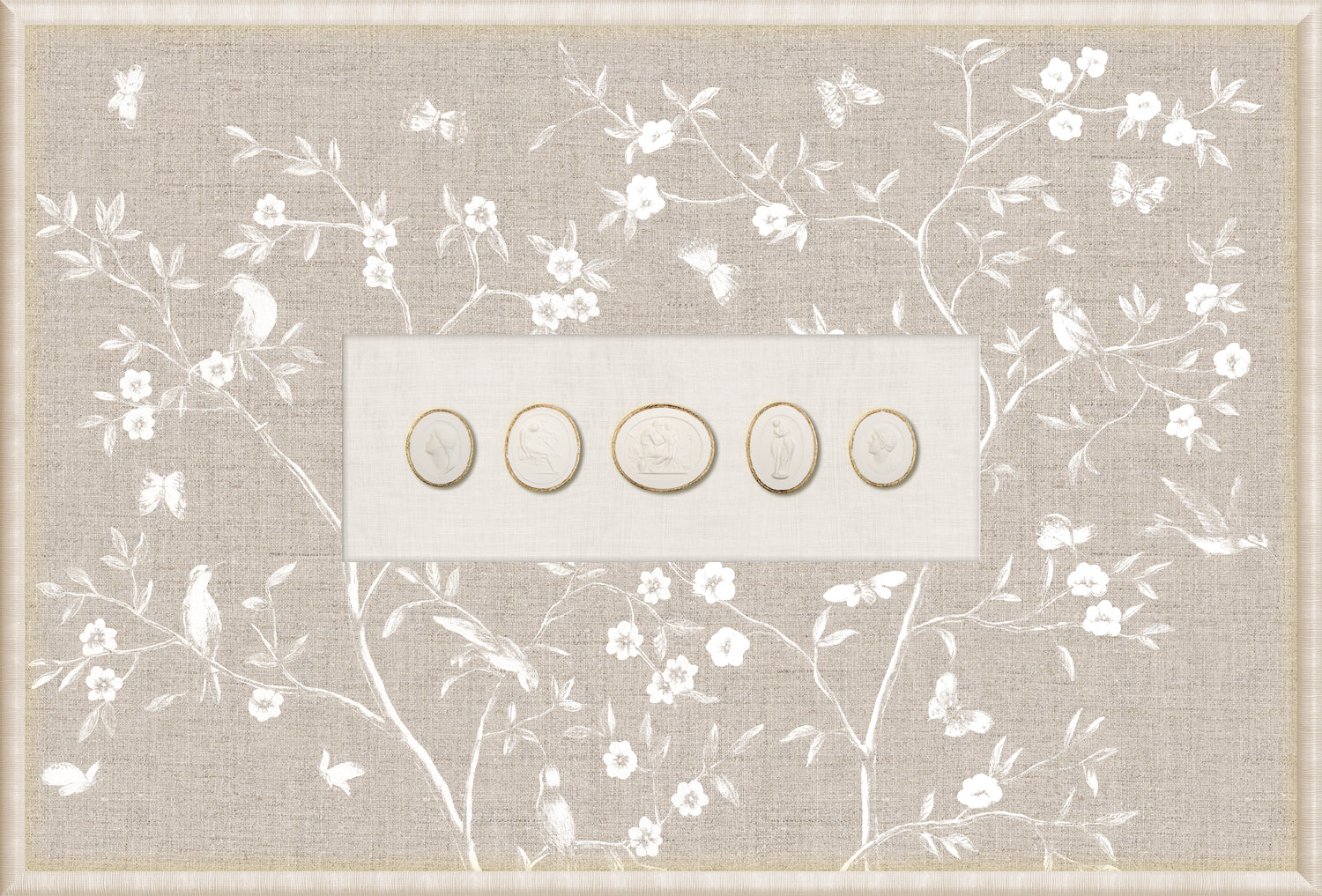 Grand Tour Intaglio – Linen Sanctuary I displaying five circular medallions on beige linen with floral design.