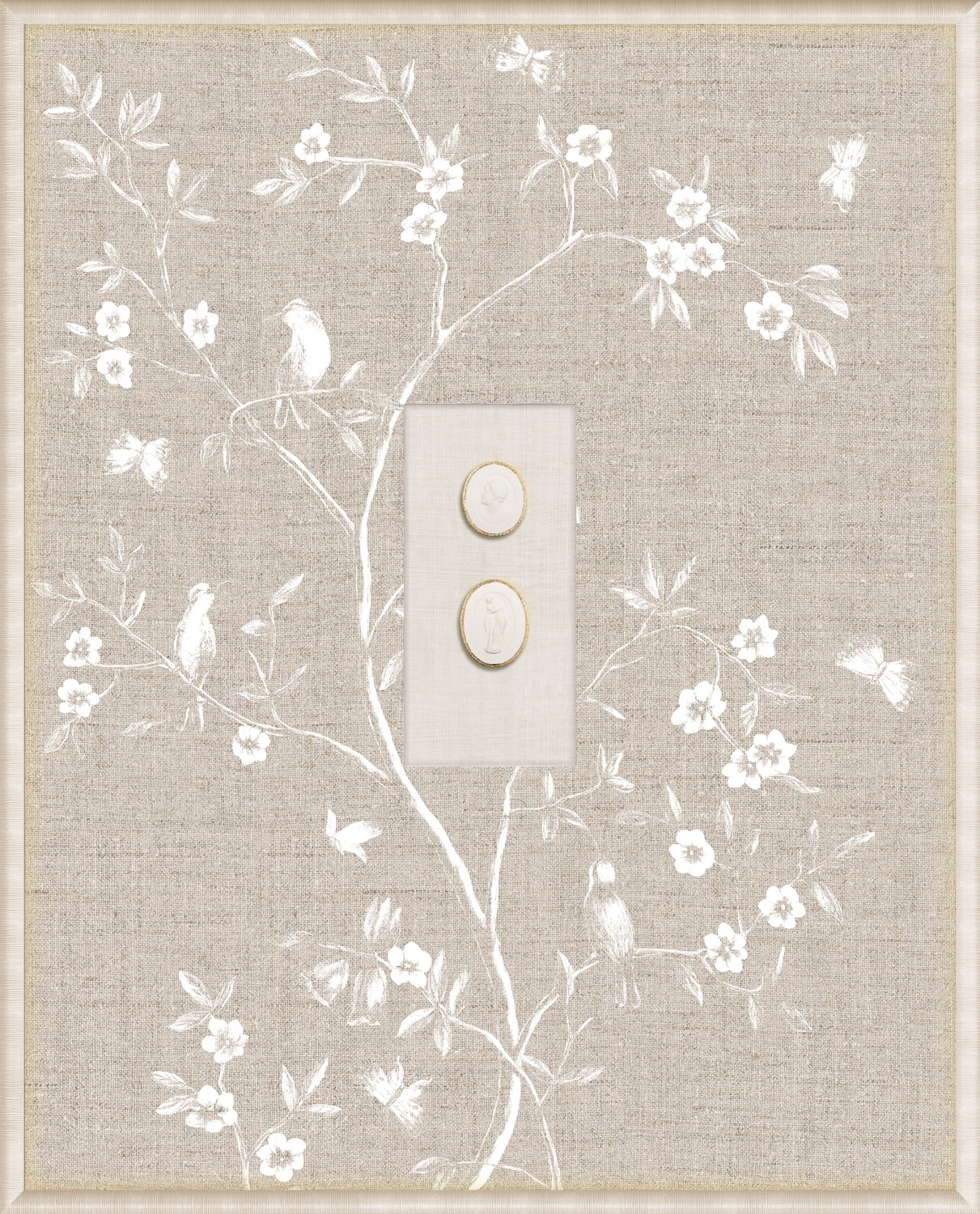 Grand Tour Intaglio – Linen Sanctuary I featuring white floral design on beige linen background.
