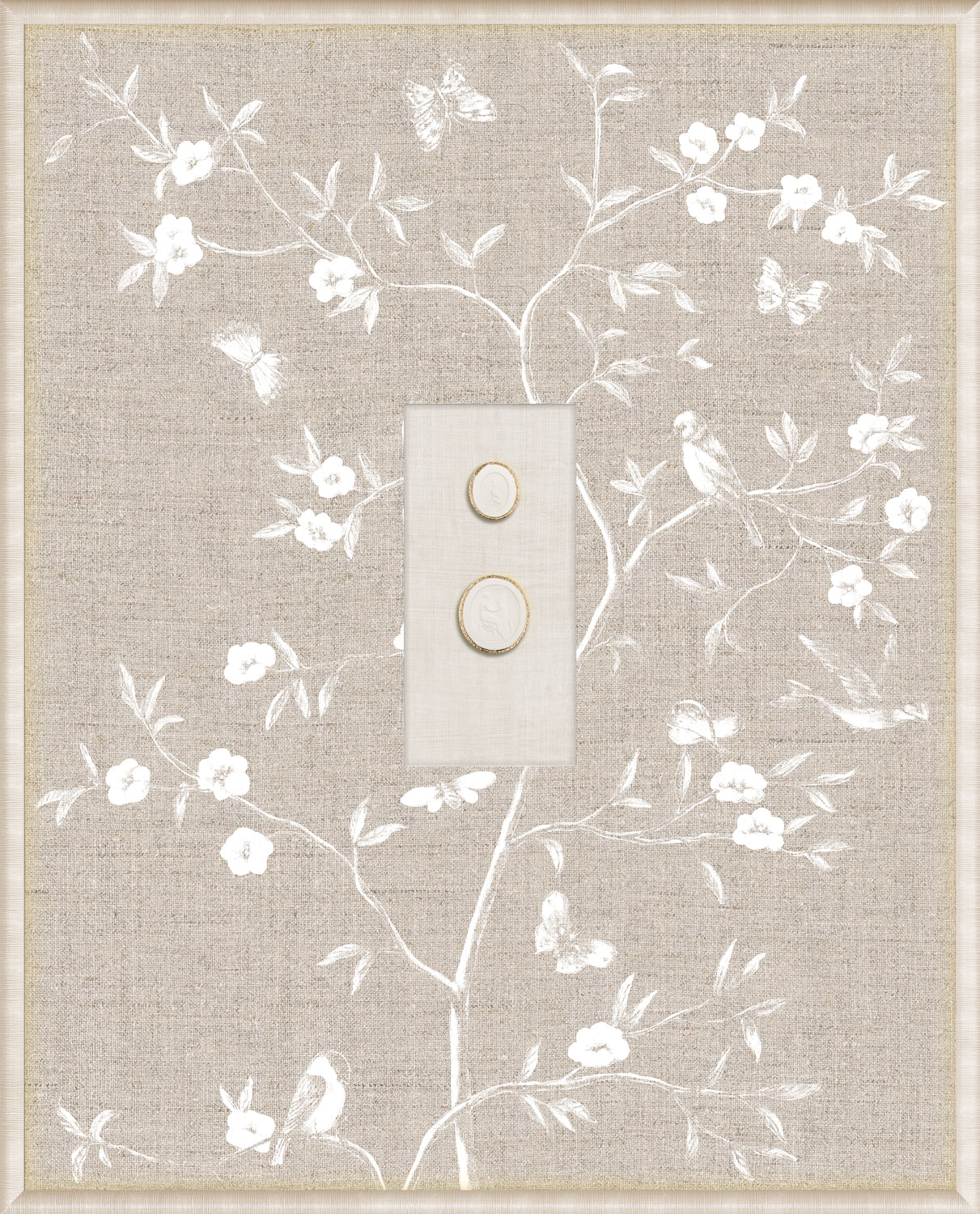 Grand Tour Intaglio – Linen Sanctuary I with white floral pattern and two circular medallions on beige linen.