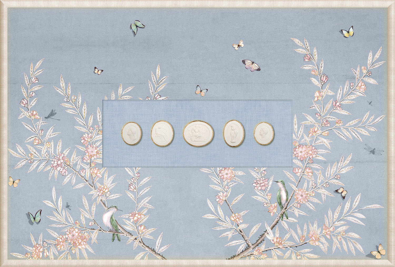 Grand Tour Intaglio – Spring Time Chinoiserie in Powder Blue III, Form II framed art print, 14.75 × 21.75 in