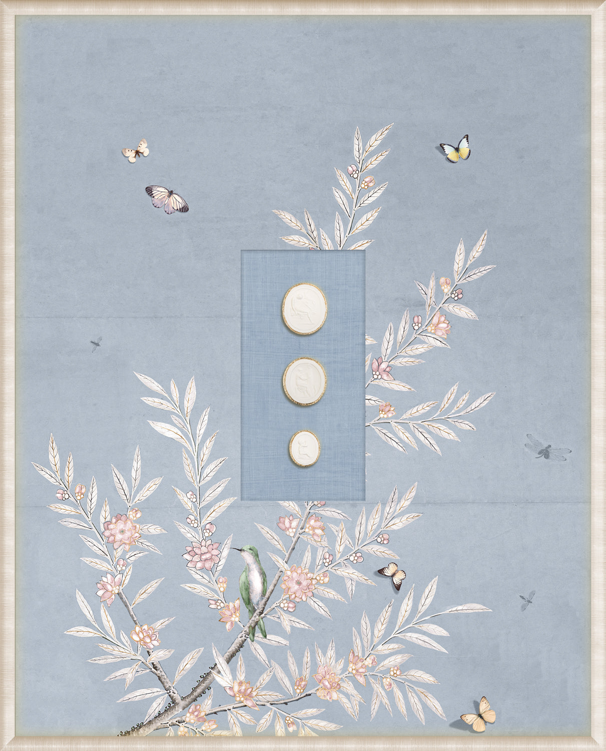 Grand Tour Intaglio – Spring Time Chinoiserie in Powder Blue I, featuring a bird on a branch with butterflies.