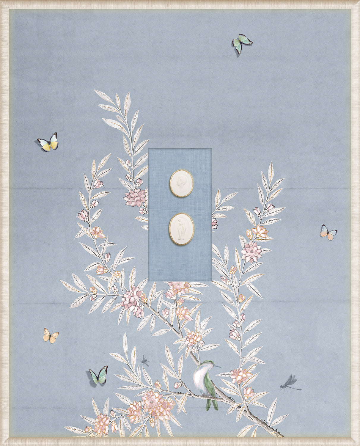 Grand Tour Intaglio – Spring Time Chinoiserie in Powder Blue I, Form VIII framed art print, 16.75 × 20.75 in