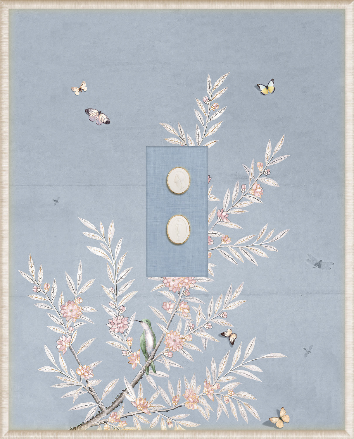 Grand Tour Intaglio – Spring Time Chinoiserie in Powder Blue II, Form X framed art print, 16.75 × 20.75 in