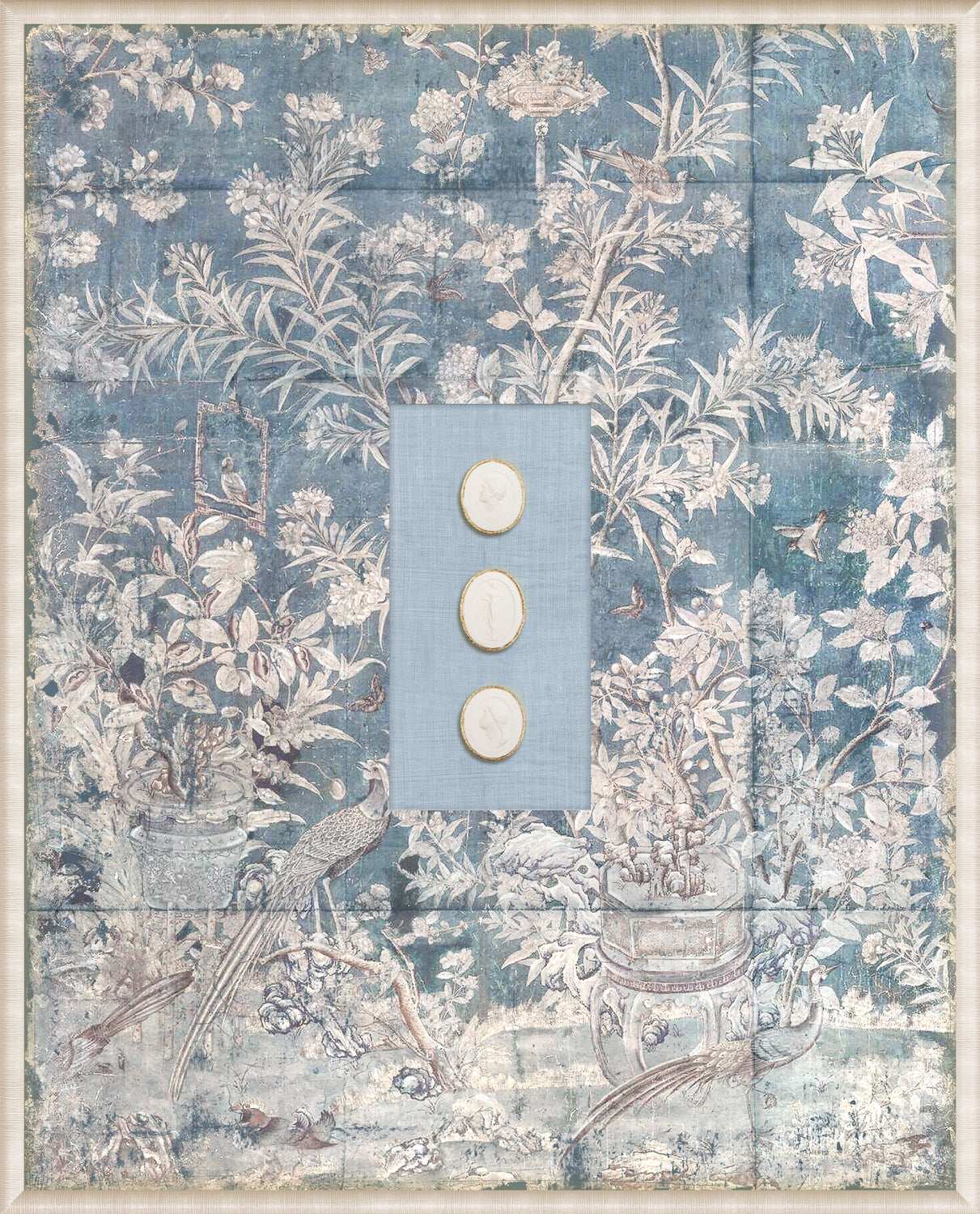 Grand Tour Intaglio – Soaring III wall art featuring white intaglios on a textured blue floral background.