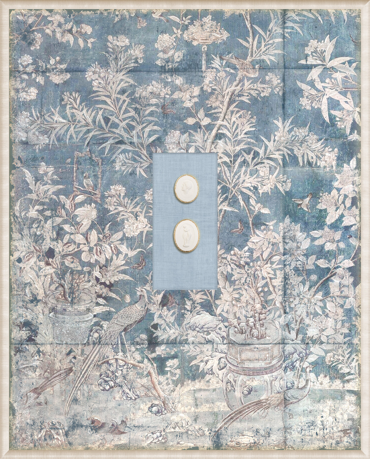 Grand Tour Intaglio – Powder Blue Chinoiserie, Form VIII framed art print, 16.75 × 20.75 in