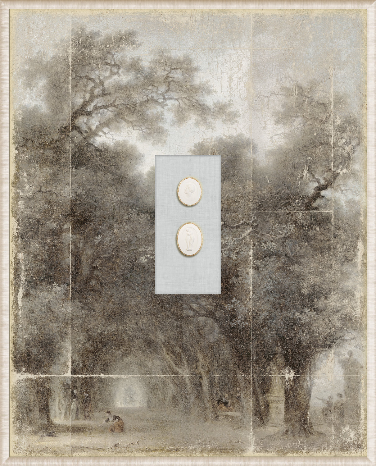 Grand Tour Intaglio – Fragonard – The Cascade wall art depicting a tranquil wooded scene with two intaglios.