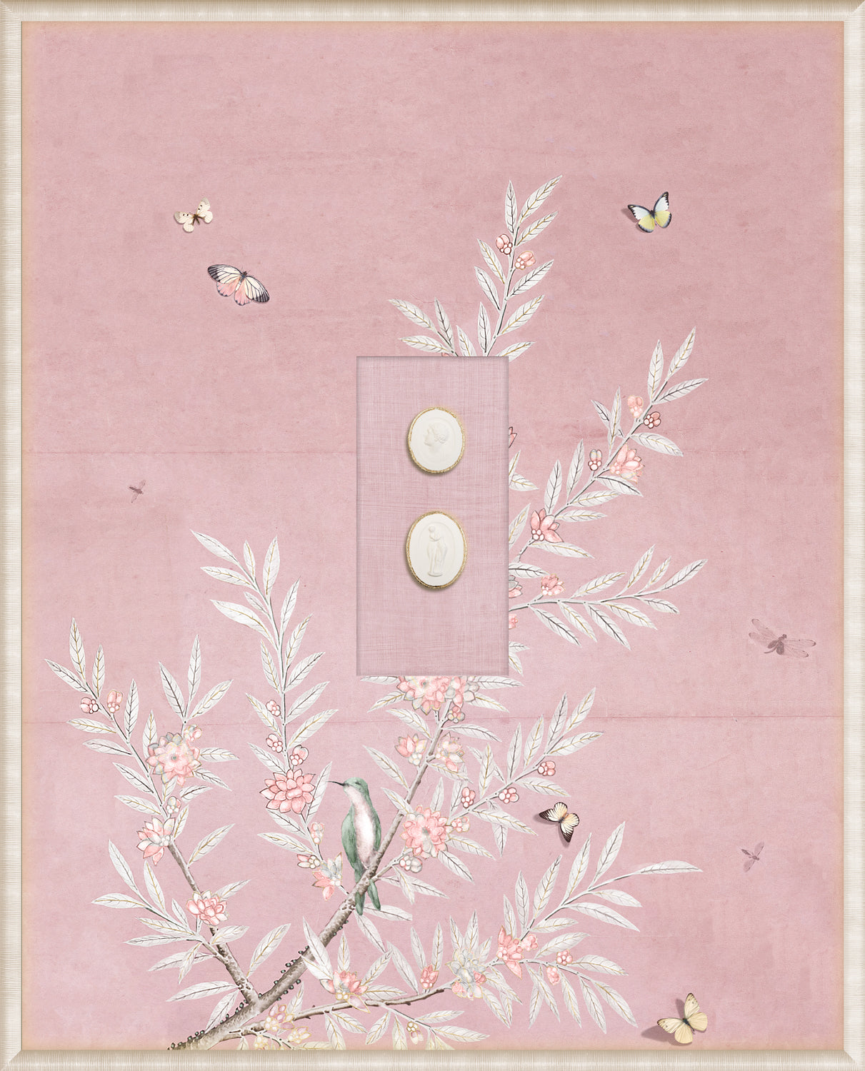 Grand Tour Intaglio – Spring Time Chinoiserie in Blush I, Form VIII framed art print, 16.75 × 20.75 in