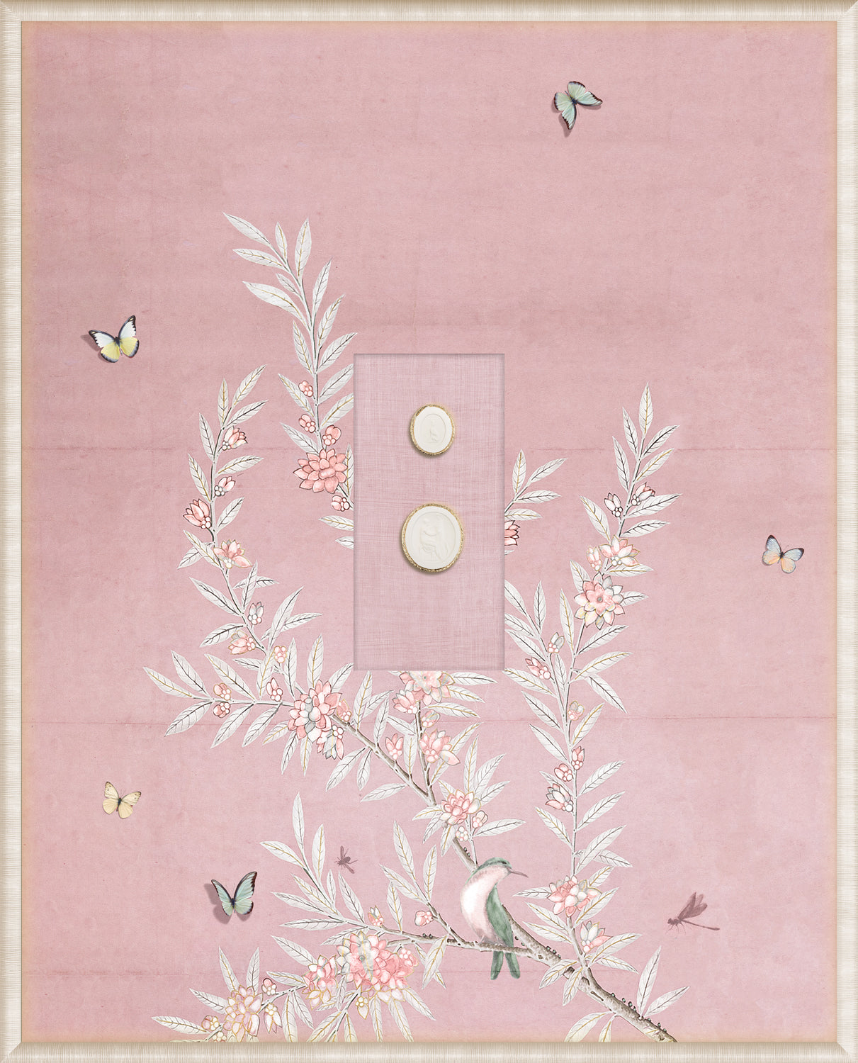 Grand Tour Intaglio – Spring Time Chinoiserie in Blush II, pink wall art featuring butterflies and a bird among flowers