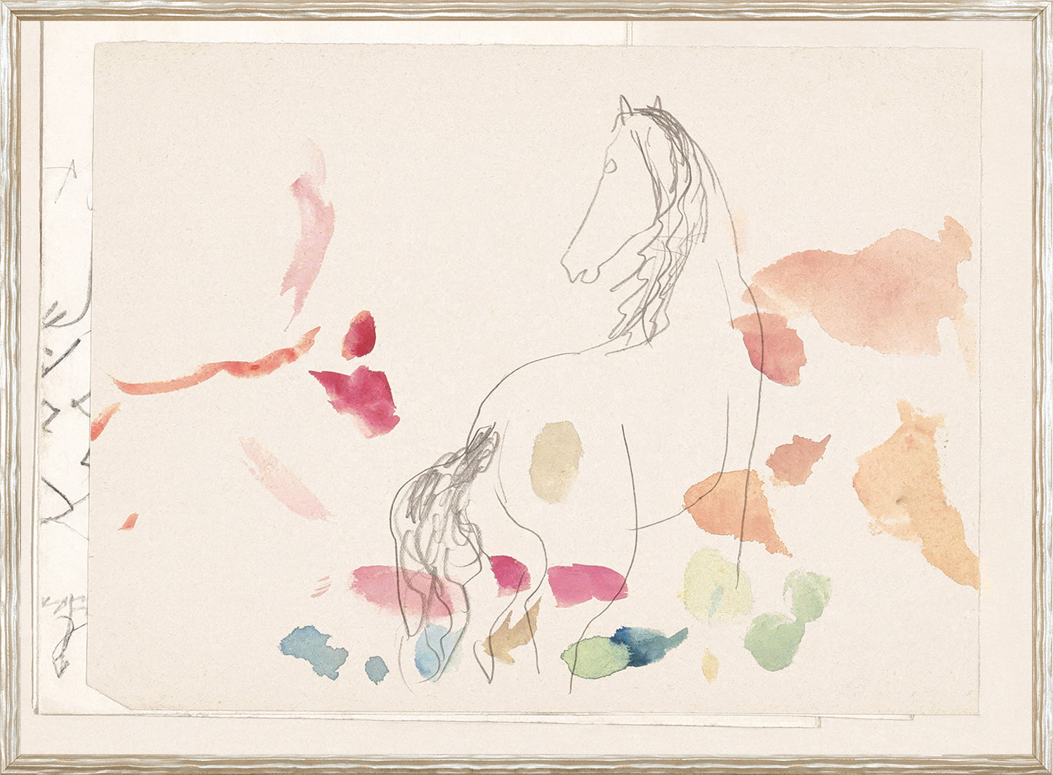 Collection 24, Horse Graphite Study C. 1910 featuring a sketched horse with watercolor splashes in pink, blue, and green.