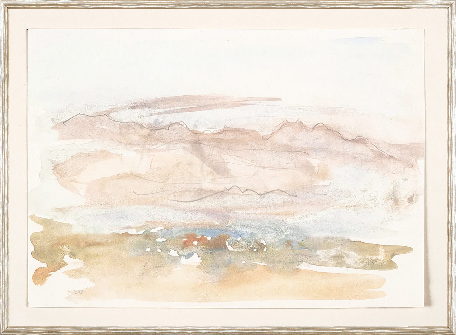 Collection 24, Waterscape Study C 1827, watercolor landscape with soft earth tones and abstract mountain outlines, framed