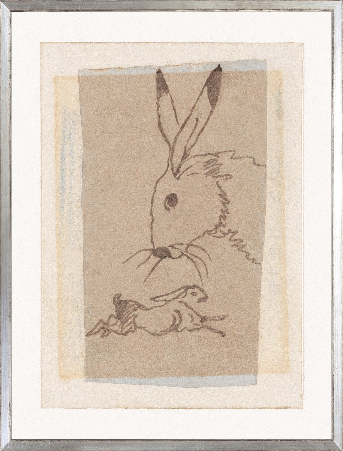 Collection 24, Rabbit Study C. 1906, features a sketched rabbit on textured beige paper, framed in silver.