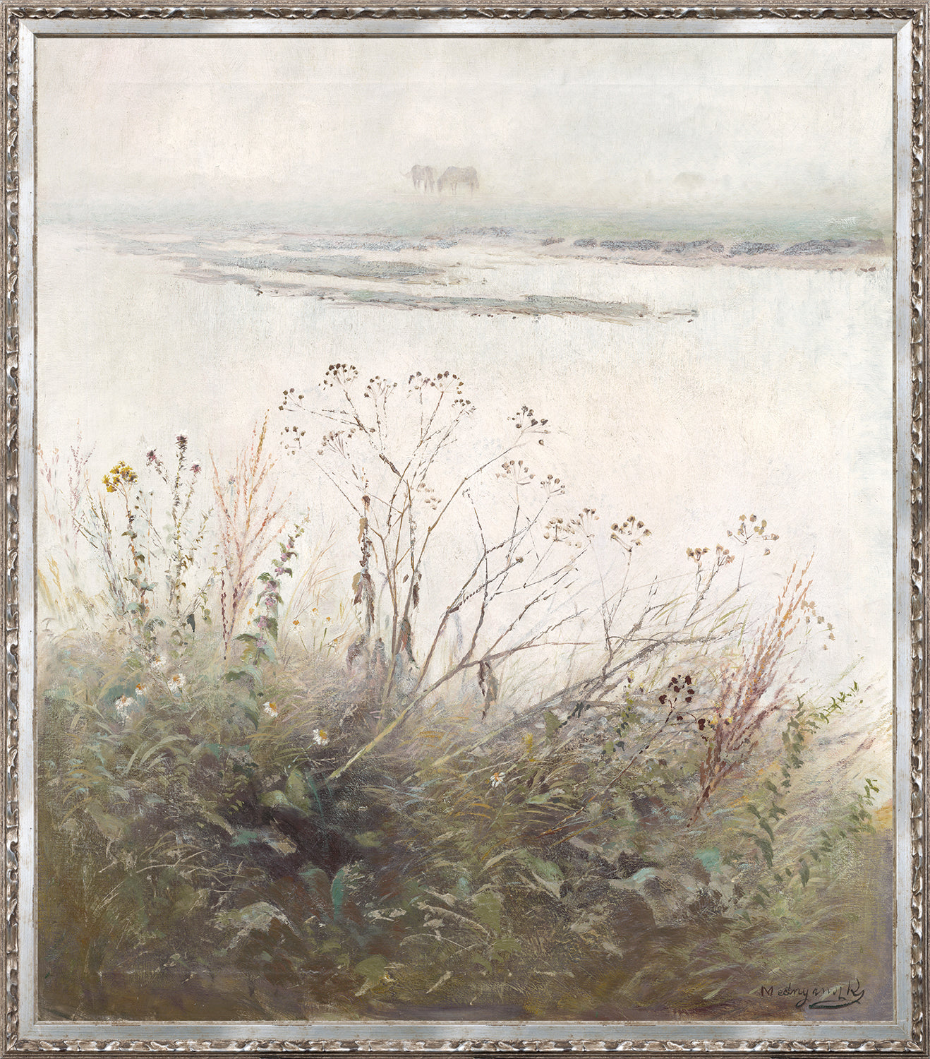 Collection 24, Flood Plain C. 1880, soft pastel landscape with fog, featuring wildflowers and grasses, framed in silver.