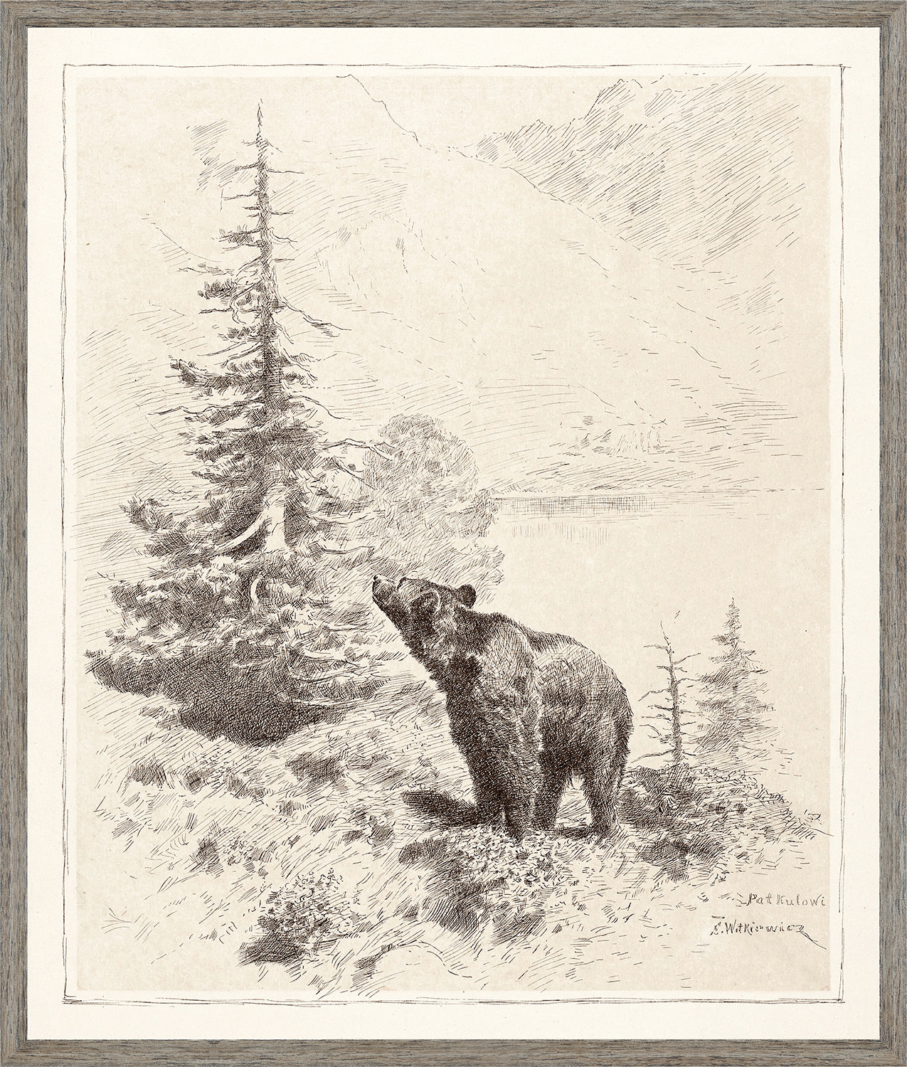Bear in the Mountains C. 1886 wall art featuring a bear near trees and mountains, in sepia tones.