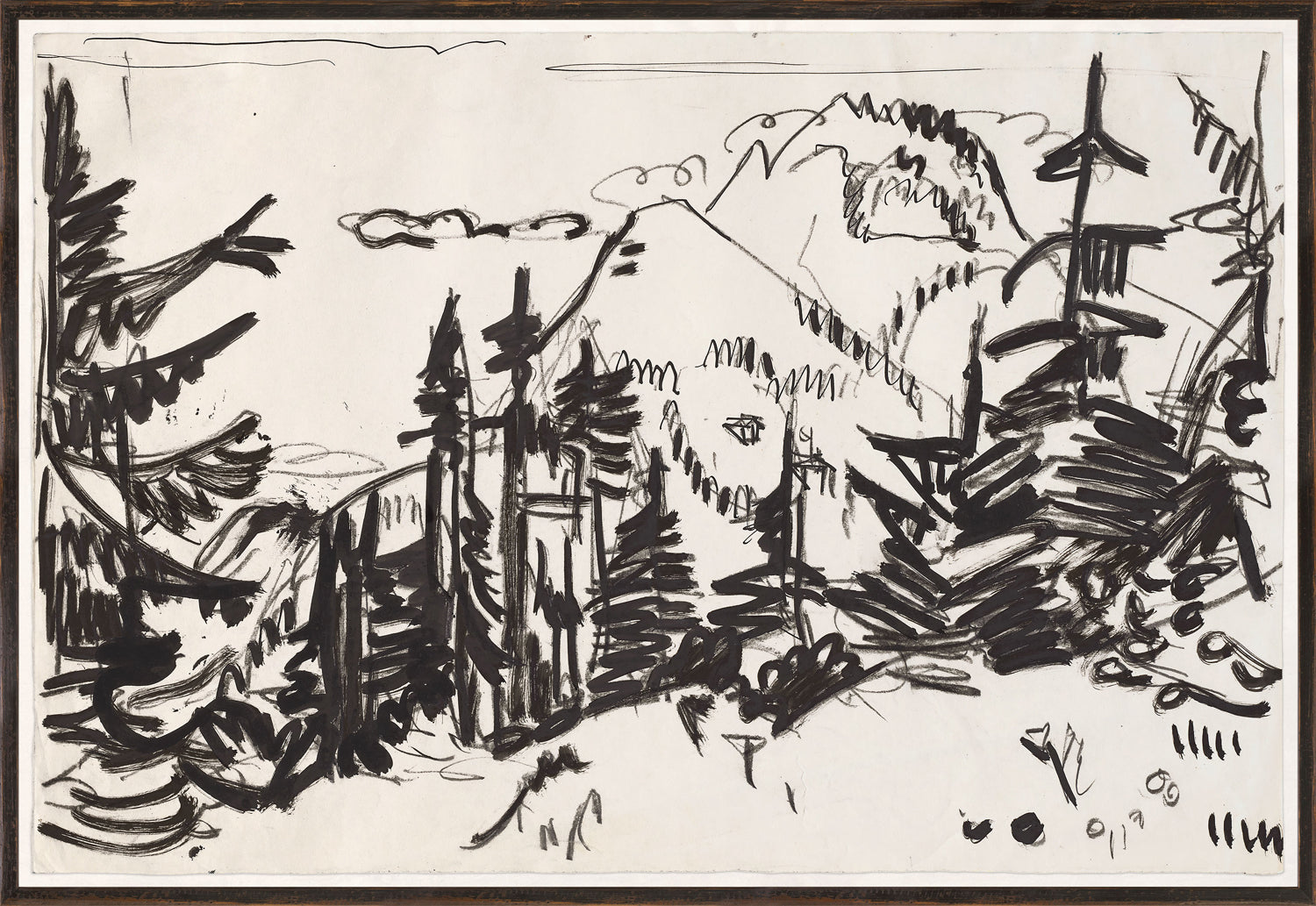 Mountain Landscape with Fir Trees C. 1900, black ink drawing of trees and mountains on textured paper, abstract style.