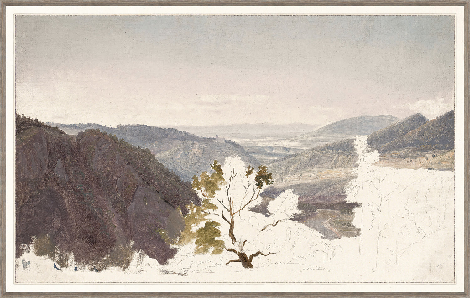 Mountain Landscape Sketch, C. 1950 featuring soft pastel colors, depicting rolling hills, a tree, and distant mountains.