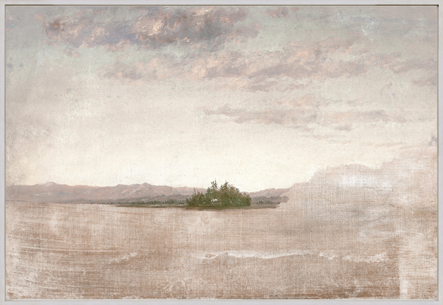 Landscape Sketch, C. 1819 featuring a serene island with trees against a soft, muted sky and distant mountains.