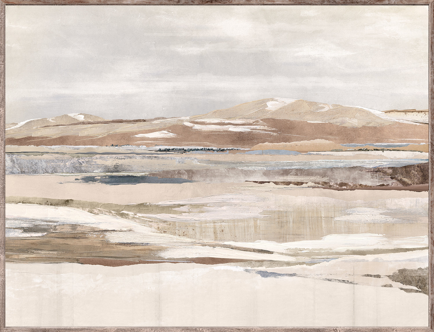 Western Range wall art featuring abstract landscape in soft beige, gray, and blue tones with a natural texture.