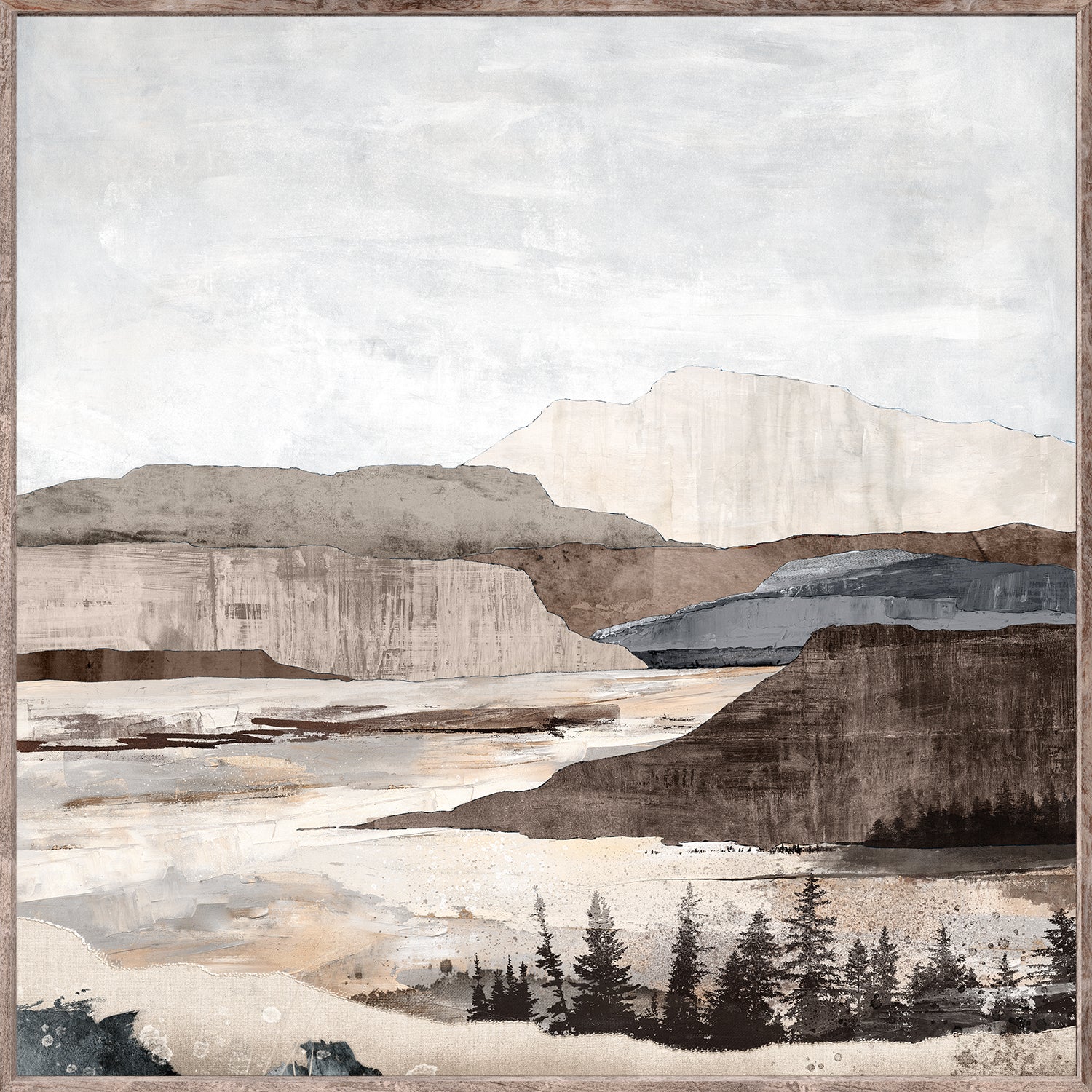 Territory I wall art featuring abstract landscape in muted browns and grays, framed with a rustic wood border.