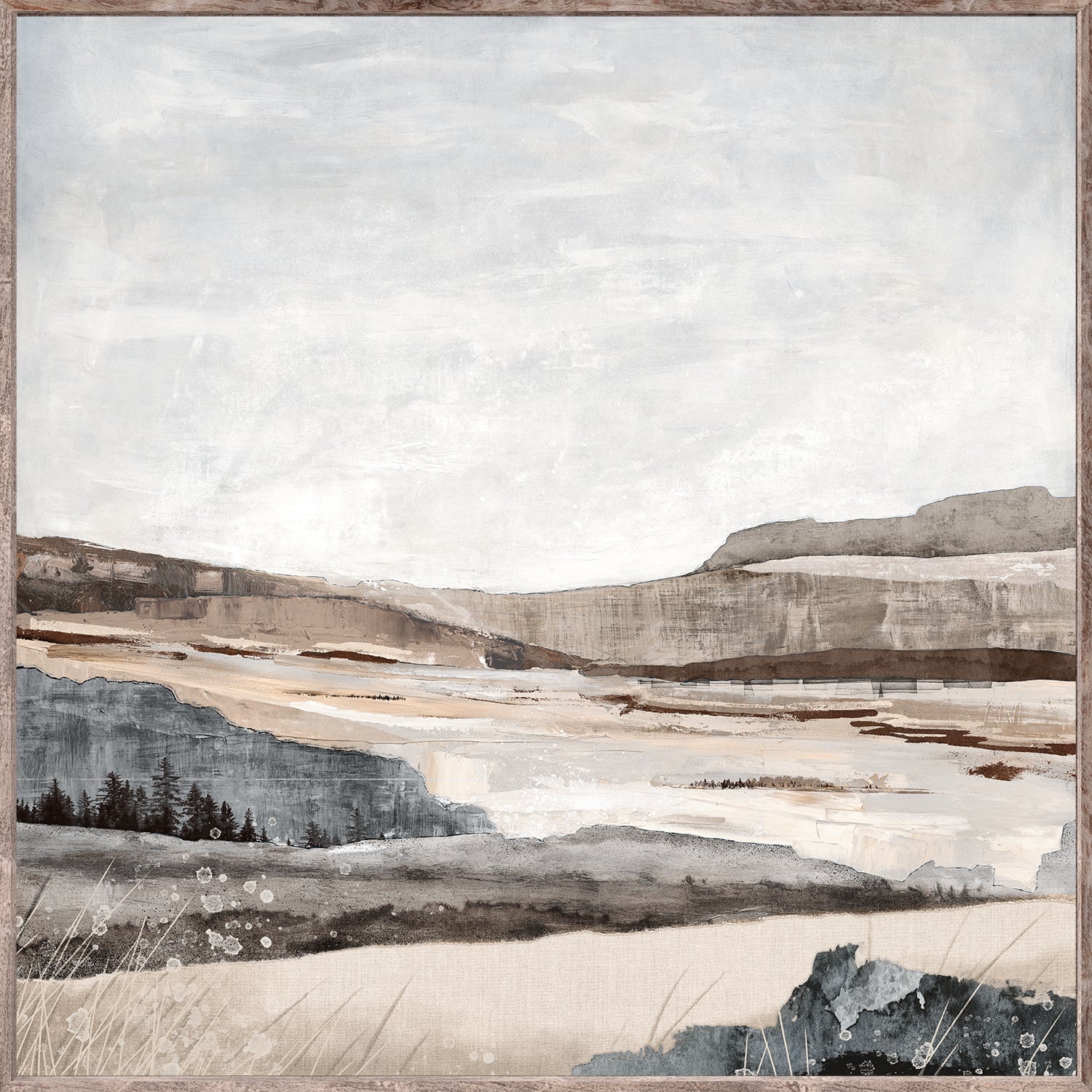Territory II wall art featuring a serene landscape in muted tones of gray and beige, with mountains and trees.