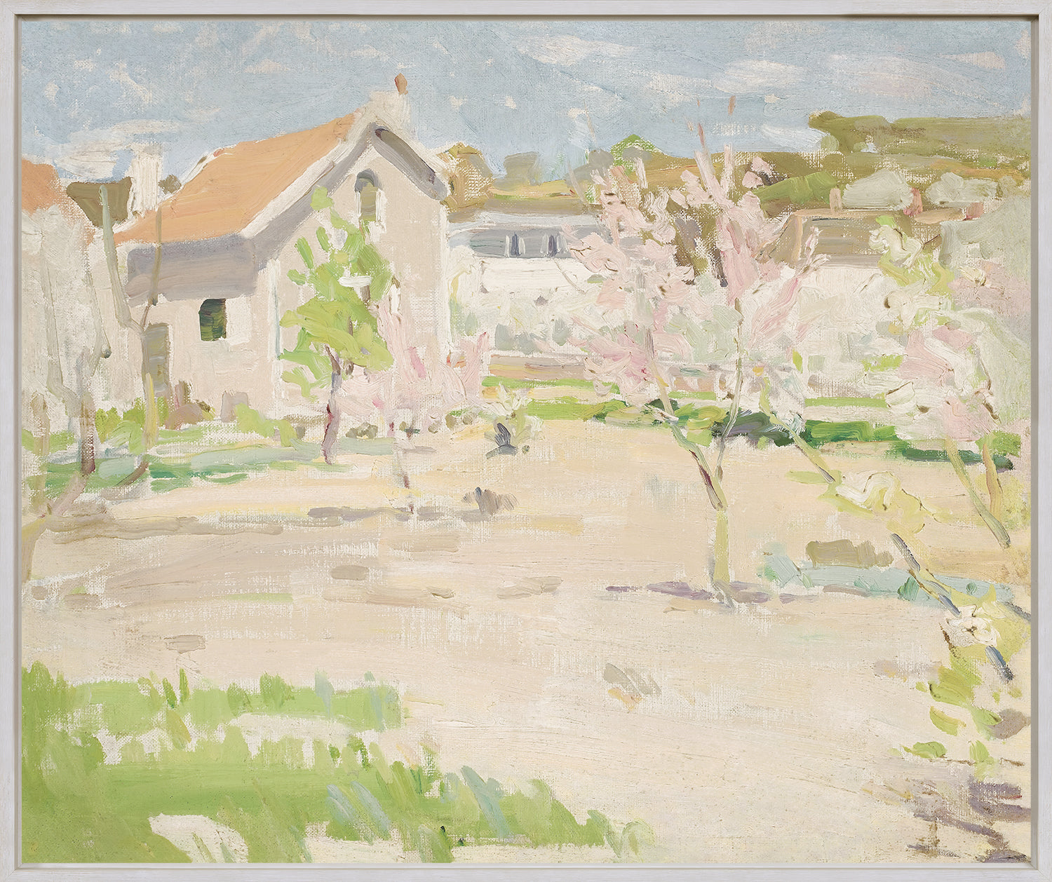 Springtime Village wall art featuring a pastel landscape with blooming trees and a house.